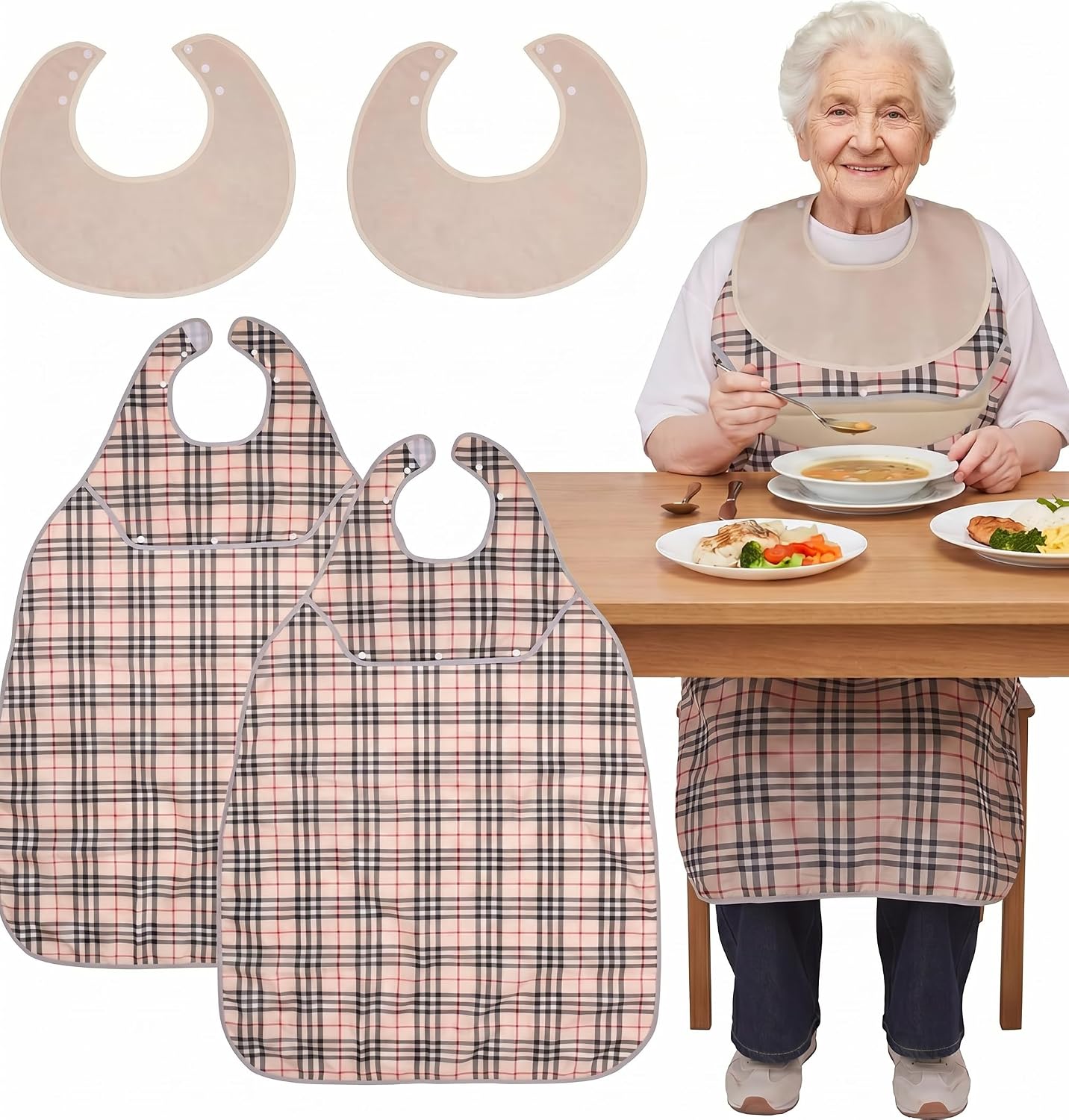 2 Pcs Waterproof Adult Eating Bibs with Crumb Catcher, Adjustable Reusable Washable Clothing Protector Unisex Apron Bib for Elderly Men Women, Apricot