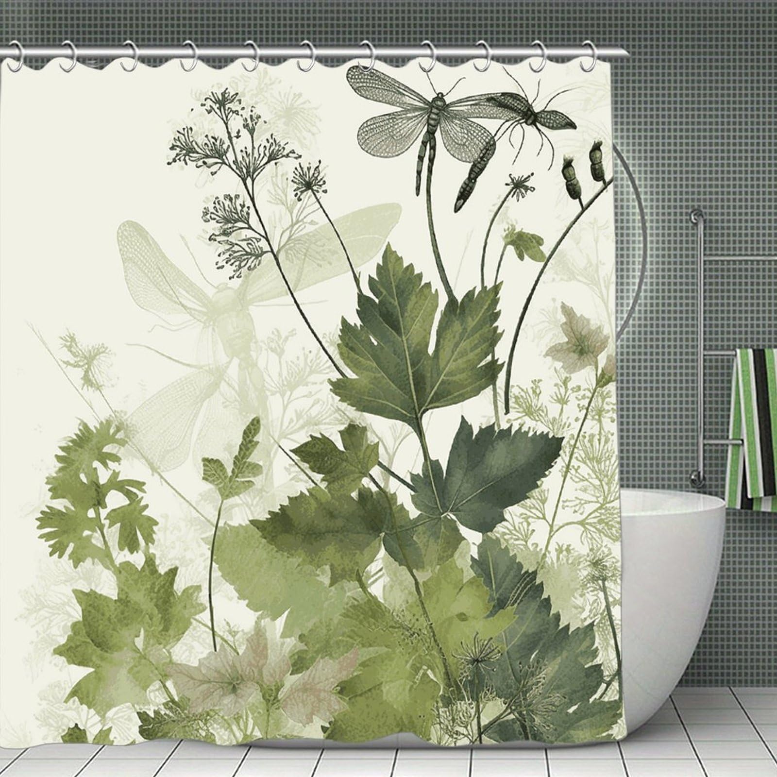 JTREHY Foliage and Herbs with Dragonflies Winged Shower Curtain Waterproof Bathroom Shower Curtain Machine Washable Bath Curtains Polyester Cloth Bath Curtains for Bathroom Showers 70.8×70.8Inch