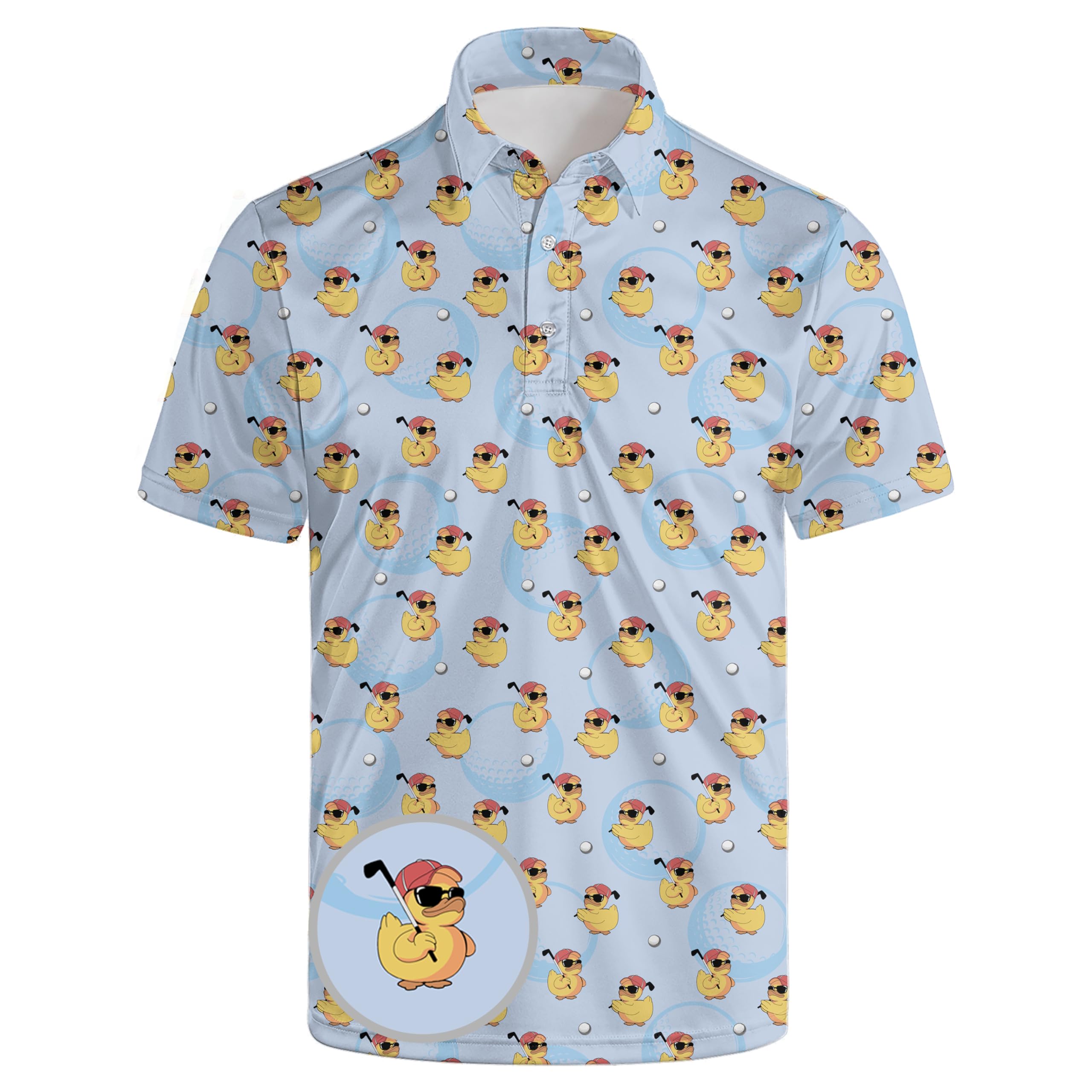Funny Yellow Duck Men's Golf Polo Shirt Performance Moisture Wicking Dry Fit Short Sleeve Collared Shirts Blue Slim Fit Golf Shirt for Men