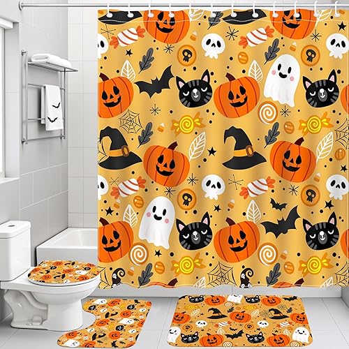 Miniatura 2 de Mocsicka Juego de 4 cortinas de ducha de Halloween para baño, juego de baño de calabaza y fantasma de dibujos animados con alfombras