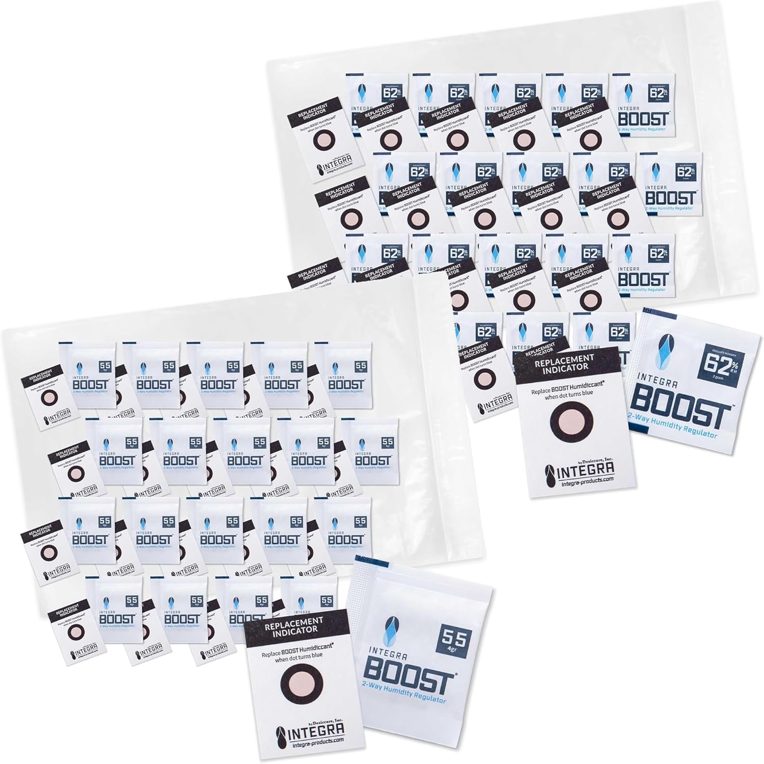 Integra Boost 2-Way Humidity Control Packs – 55% RH 4g (20 Pack) + 62% RH 2g (20 Pack) | Humidity Packs with Replacement Indicator Cards - Moisture Absorber for Herbs, Spices and more