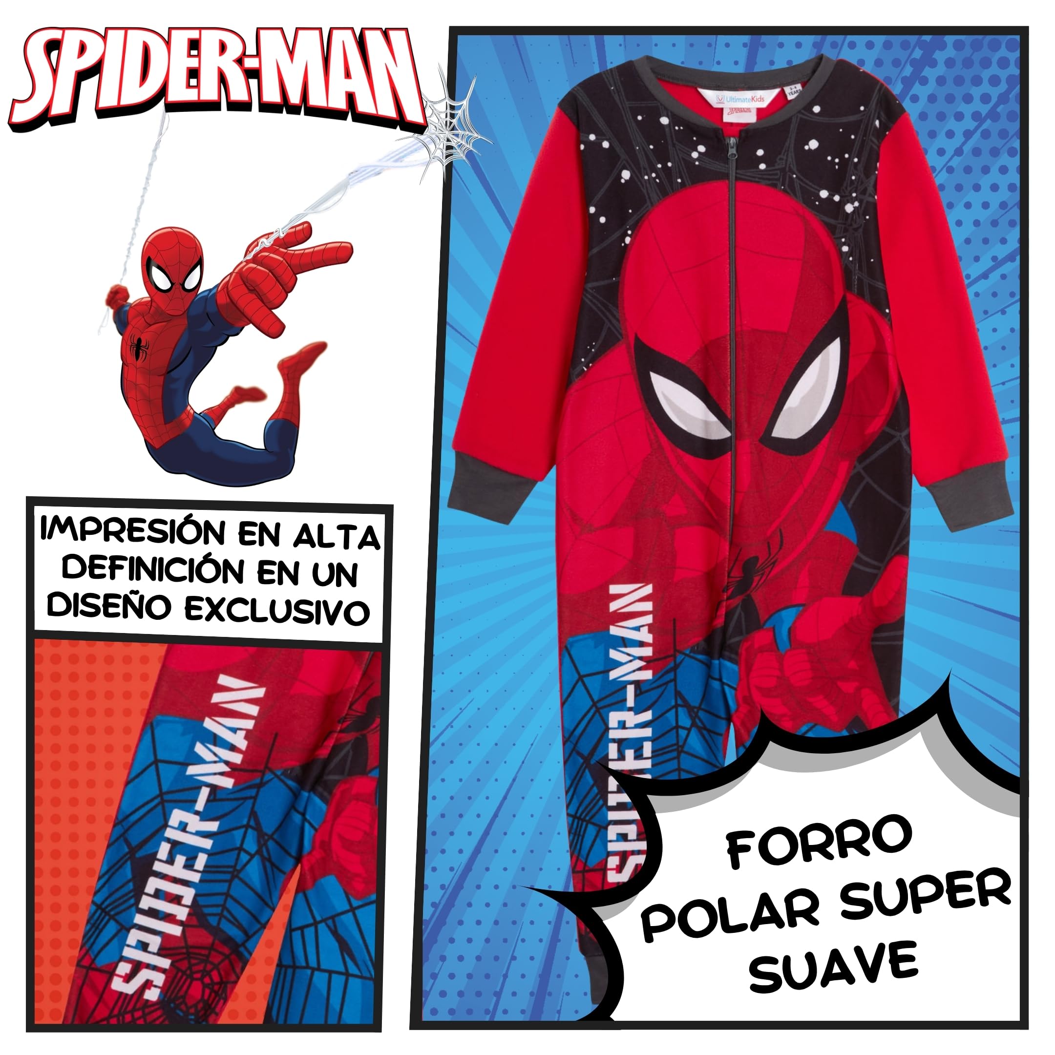 Marvel El Pijama Oficial de Spiderman para niños, de Forro Polar, Tipo Enterizo, Pijamas niños, PJs, con Cremallera, Ropa de Descanso