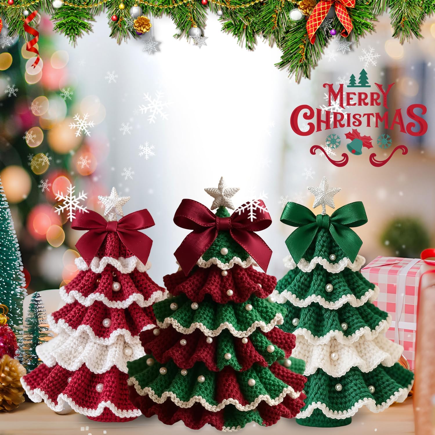 Lucift DIY Crochet Christmas Tree Kit,Handmade Holiday Decoration Set, Beginner Christmas Kit,Tree Bow Pearl Embellishment,Christmas Craft Kit with Hook,Beads & Instructions (Red+Green)