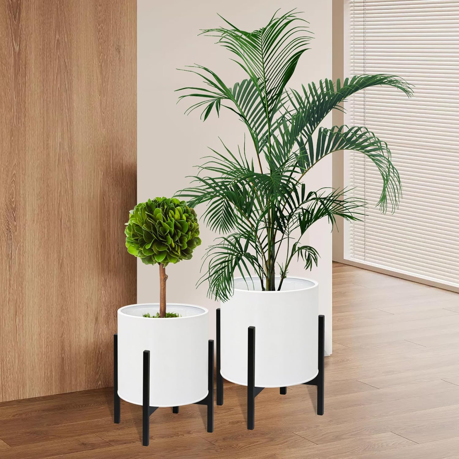 ARNIS Modern Plant Pots, Set of 2 Large Planters with Stand, Decorative Planters, Metal Pots with Drainage Holes for Living Room, Office, Garden or Balcony, 8.25 &10.5 Inch, White White 8.25 &10.5