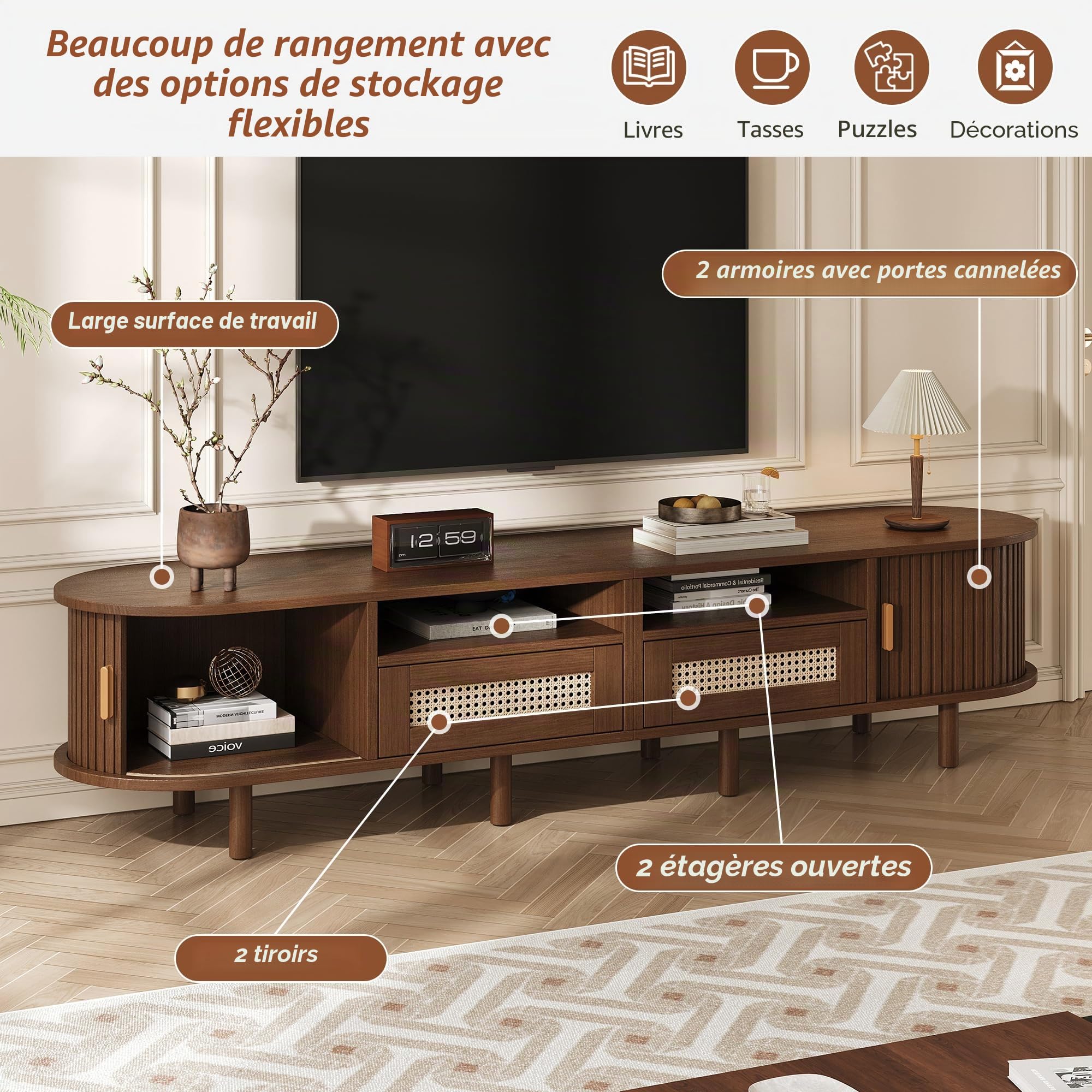 Meuble TV, meuble TV bas avec 2 tiroirs en rotin et 2 portes coulissantes, pour télévision et appareils multimédias, pour armoires de salon de 190 cm, pour salon, salle à manger, chambre à