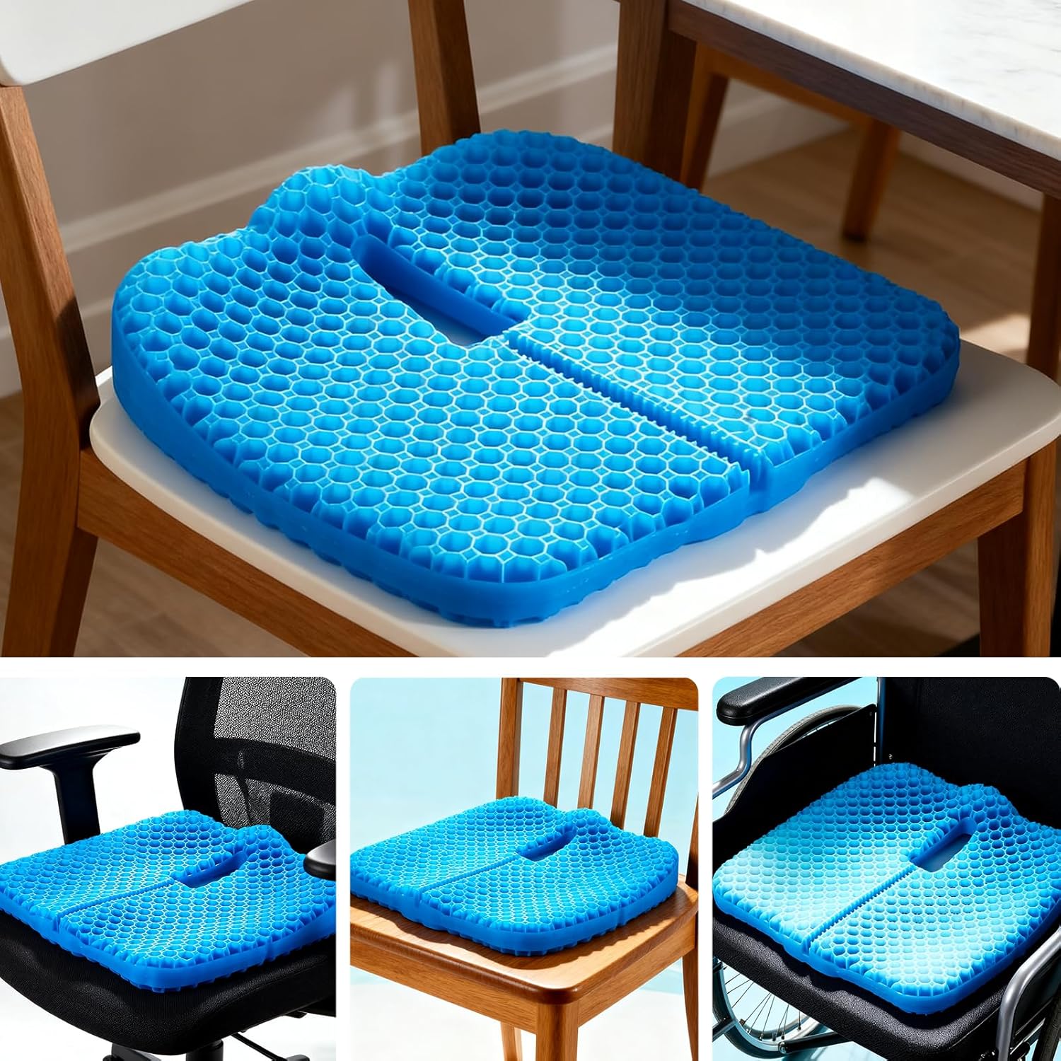 Gel Seat Cushion for Long Sitting, Gel Cushion for Pressure Relief, Soft & Breathable, Chair Cushion for Office Chair, Car, Wheelchair, Seat Cushion with Non-Slip Black Cover