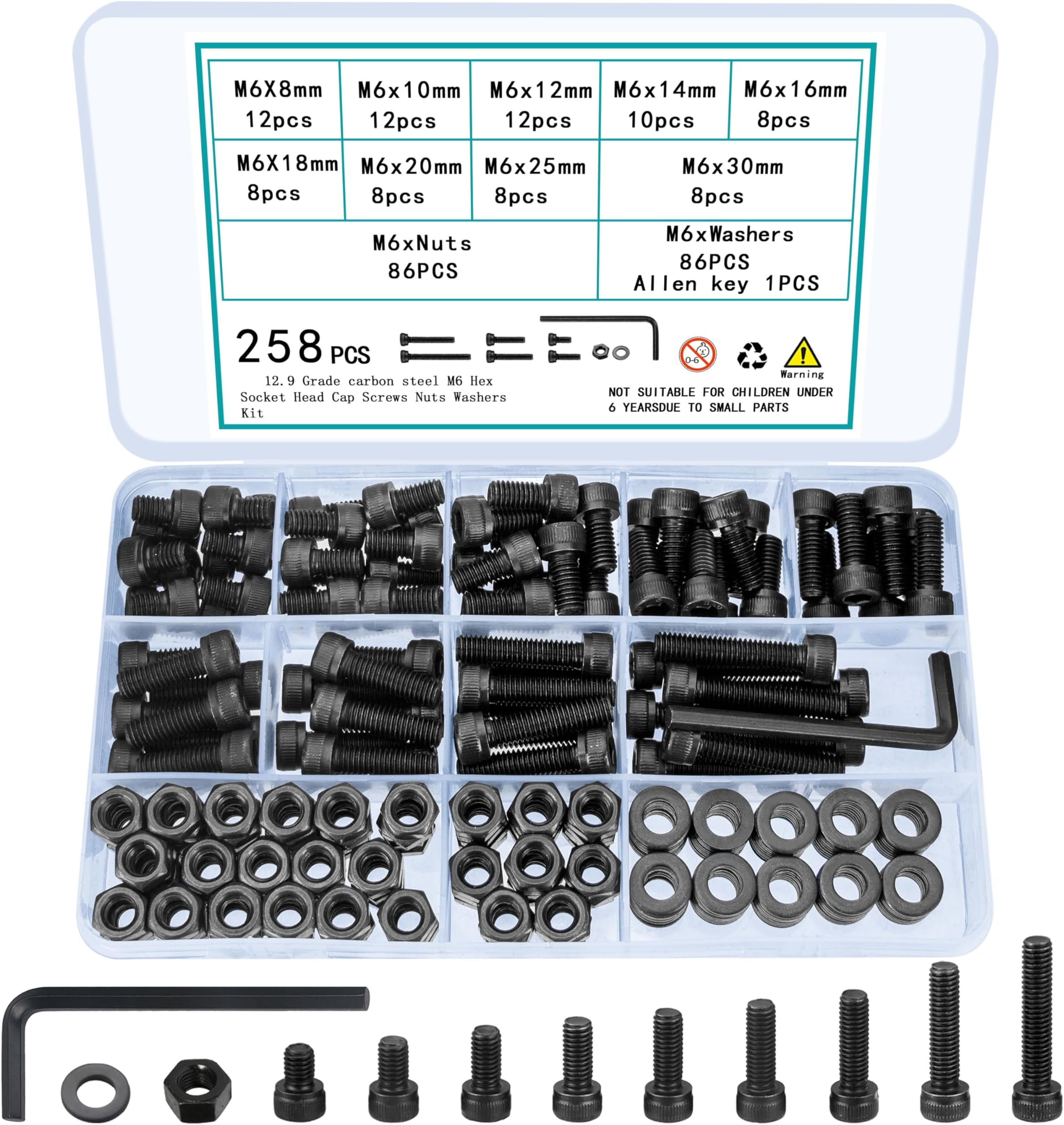 258 Pcs M6 Screws and Nuts, Assorted Metric Bolts and Nuts Assortment, Hex Socket Head Cap Screws Bolts and Nuts Set, Machine Screw Assortment Kit, Nuts and Bolts Set with Washers