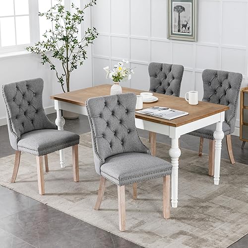 Miniatura 4 de Sillas de Comedor - Juego de 4 sillas de comedor tapizadas de lino, modernas de mediados de siglo, sillas de cocina y comedor con patas de madera,