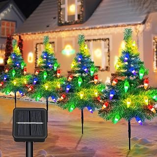 Fohil 4 Pack Solar Christmas Tree Lights Outdoor, Multicolor C6 Strawberry 80 LED Solar Garden Lights Waterproof, 8 Lighting Modes Solar Christmas Pathway Lights for Christmas Decoration Garden Yard