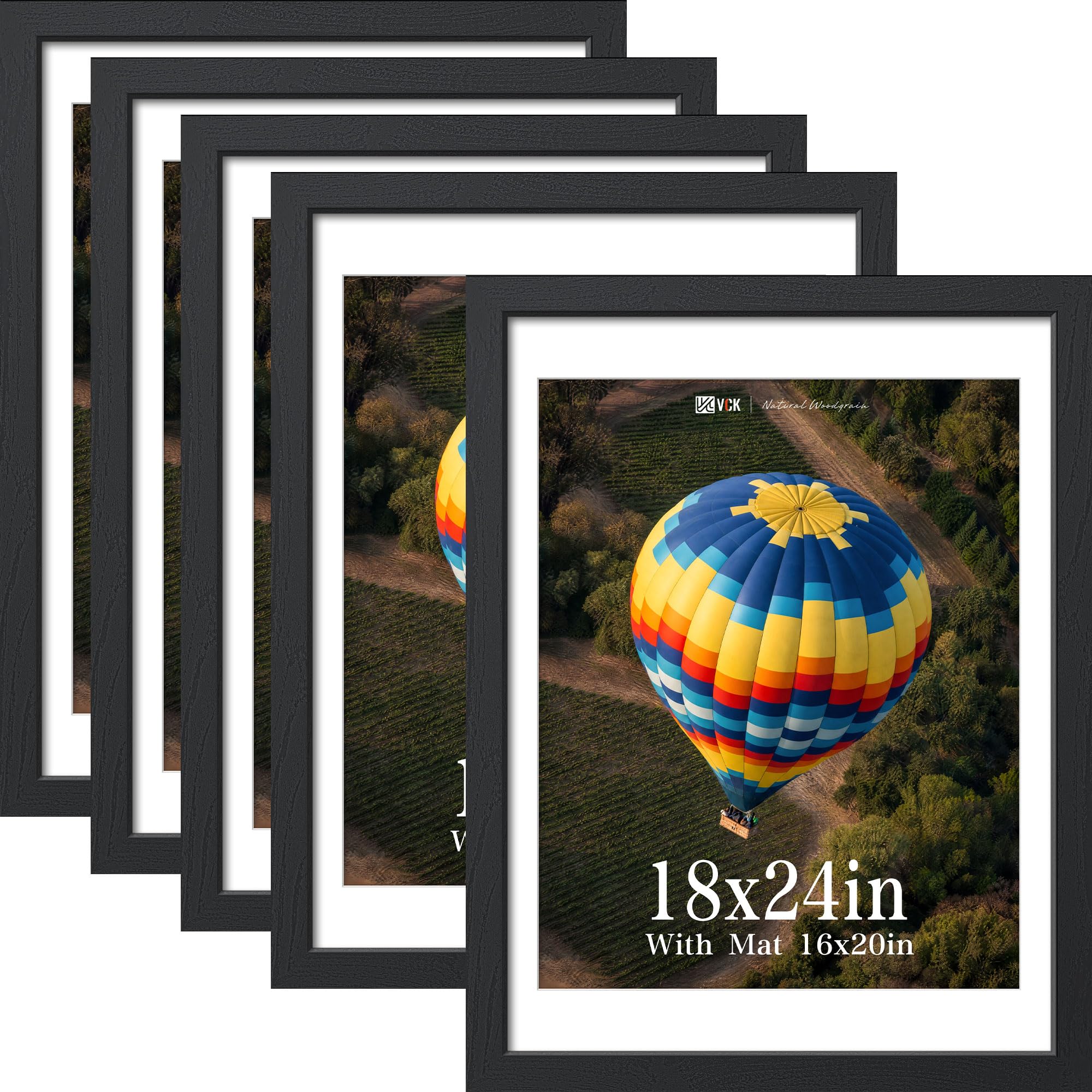 VCK 18x24 Frame 5 Pack, Black Exclusive Wood 16x20 Mat, for Picture