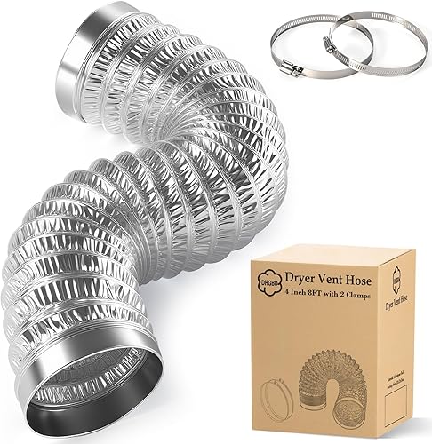 DHGBD 4 Inch Dryer Vent Hose 8FT, Flexible Aluminum Ducting with 6-Layer Foil and Rolled Edge Ends, Heavy-Duty Hose for Dryer and Exhaust Systems