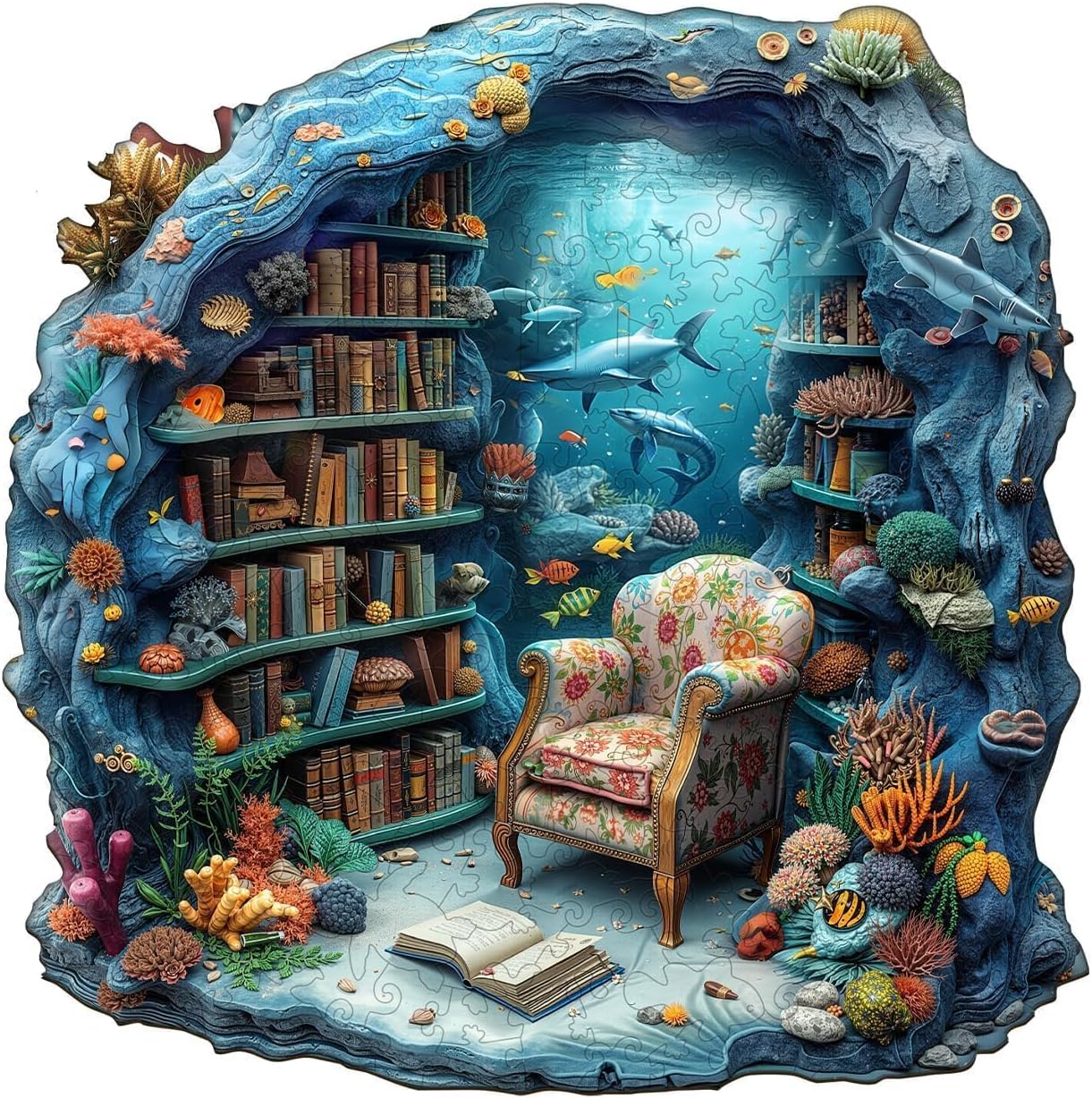 Wooden Puzzles for Adults, Undersea Book House Wooden Jigsaw Puzzle for Adults, Unique Shape Wood Puzzles Adult, Presents for Women and Men, Wall Art Home Decor(L-13.4 * 13.3in- 225 Pieces)
