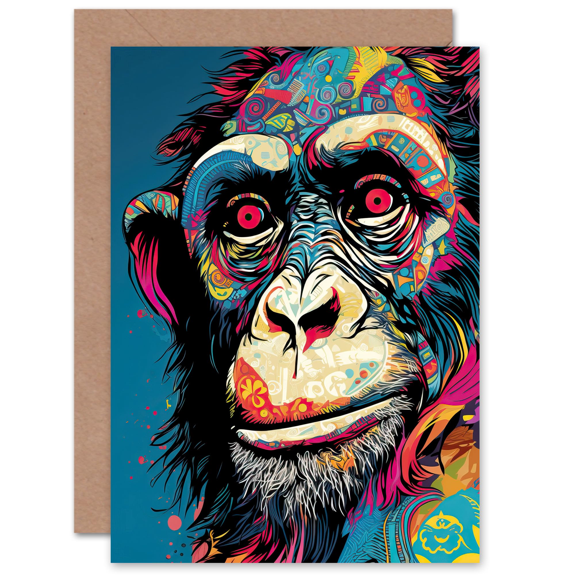 Artery8 Contemplating Chimp Pop Art Ape for Him or Her Man Woman Birthday Thank You Congratulations Blank Art Greeting Card