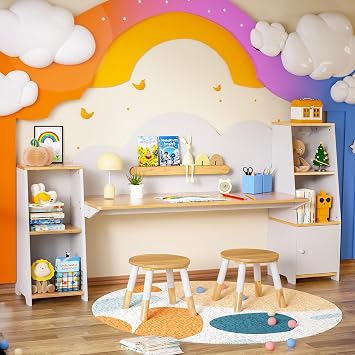 مجموعة مكتب دراسة وكرسي للأطفال من Betterhood مع مساحة تخزين، مكتب دراسة للطلاب، مجموعة طاولة دراسة وكرسي للأطفال، مكتب دراسة للأطفال مع أرفف كتب ومقعدين، للأعمار من 3 إلى 8 سنوات، للأولاد والبنات والأطفال الصغار، غرفة نوم