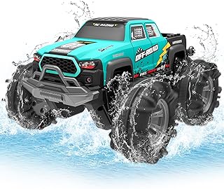 4WD Amphibious Remote Controlled Car, RC Car, Waterproof with Gesture Sensor, LED Light & 2 Batteries, Gift for Boys & Girls 4-12 Years, Toy Car for Sand, Water & Terrain, Building Block Compatible
