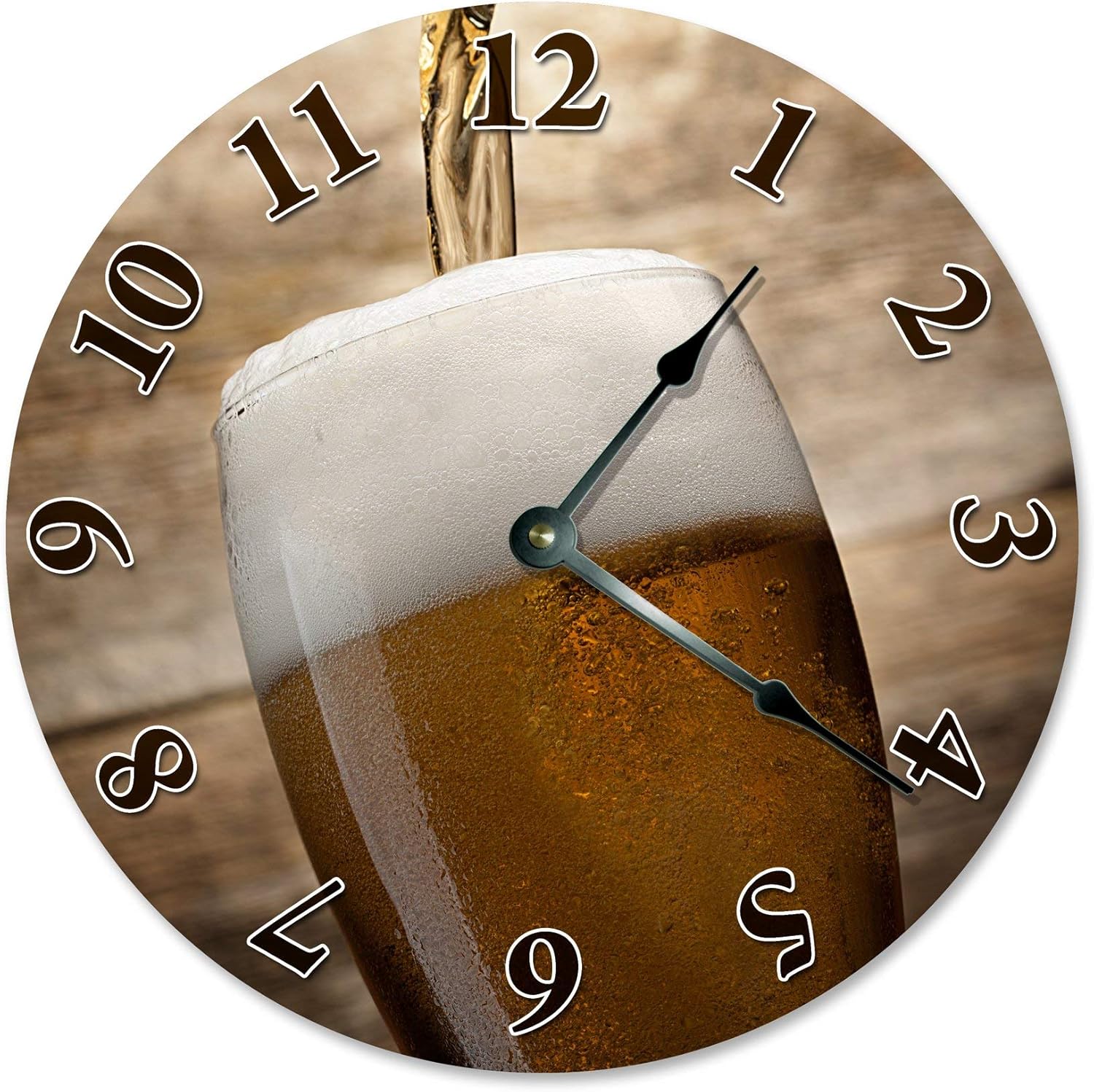 Beer Glass Silent Non Ticking Round Battery Operated Handmade Hanging Large 10 Inch Wall Clock for Bedroom Office Cottage Decoration