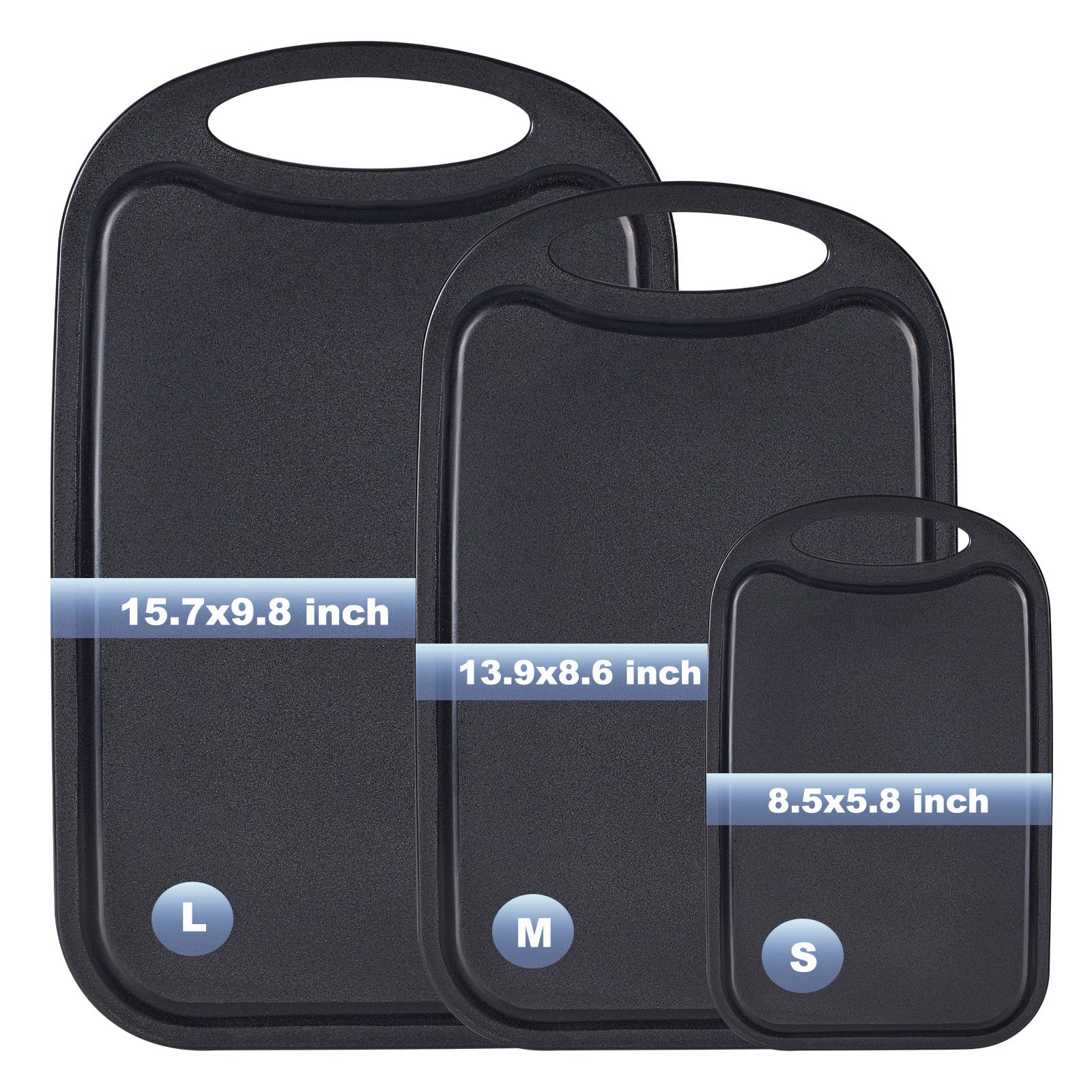 Black Cutting board, Plastic Chopping Block, 3-Piece Meat Cutting Board Set of Large Medium and Small Size, with Easy Grip Handle, Juice Grooves, Dishwasher Safe