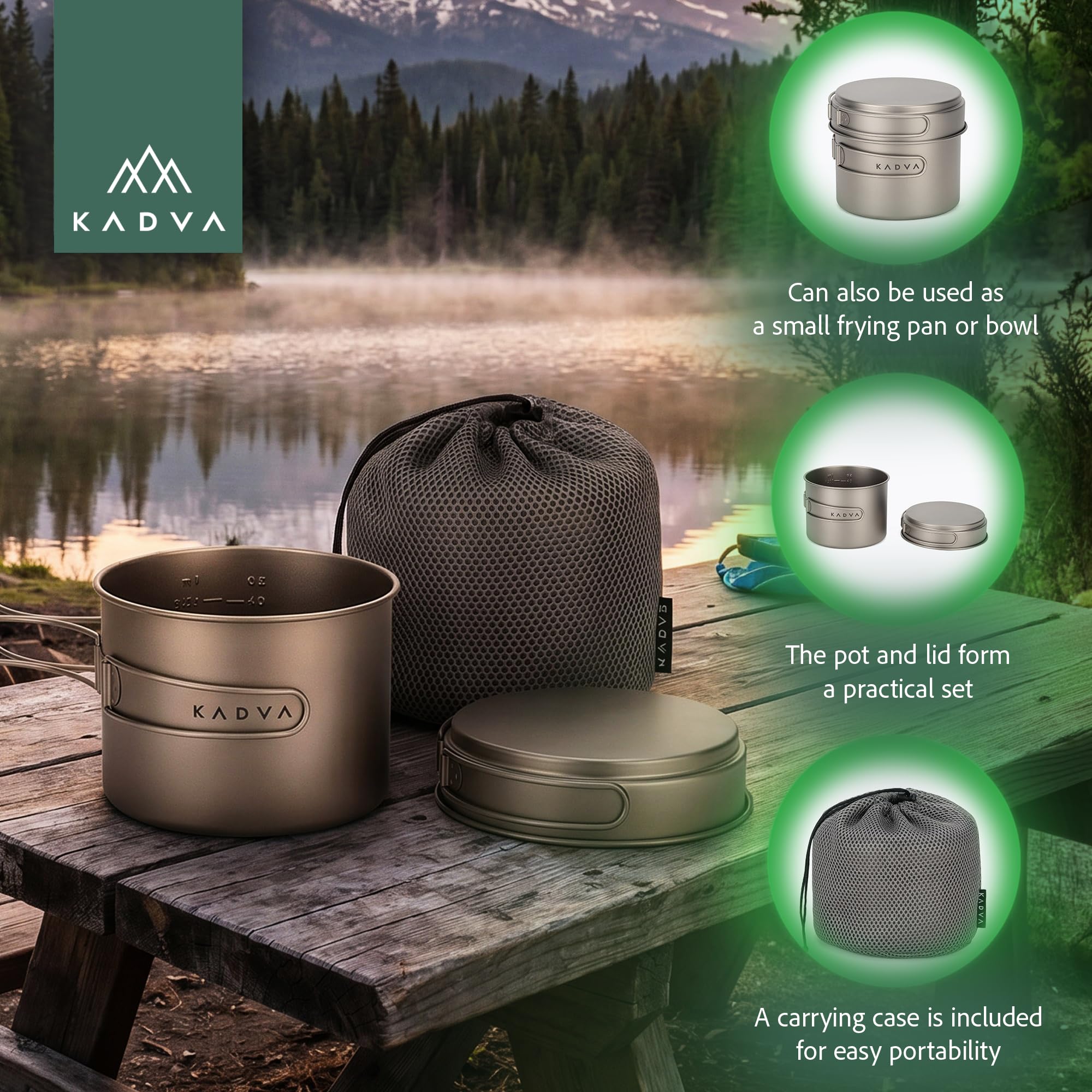 KADVA Titan - Set di pentole da campeggio da 1600 ml, per trekking e attività all'aperto | Set di 2 pentole in titanio con pentola e coperchio come padella, 0,25 kg, colore argento e compatto