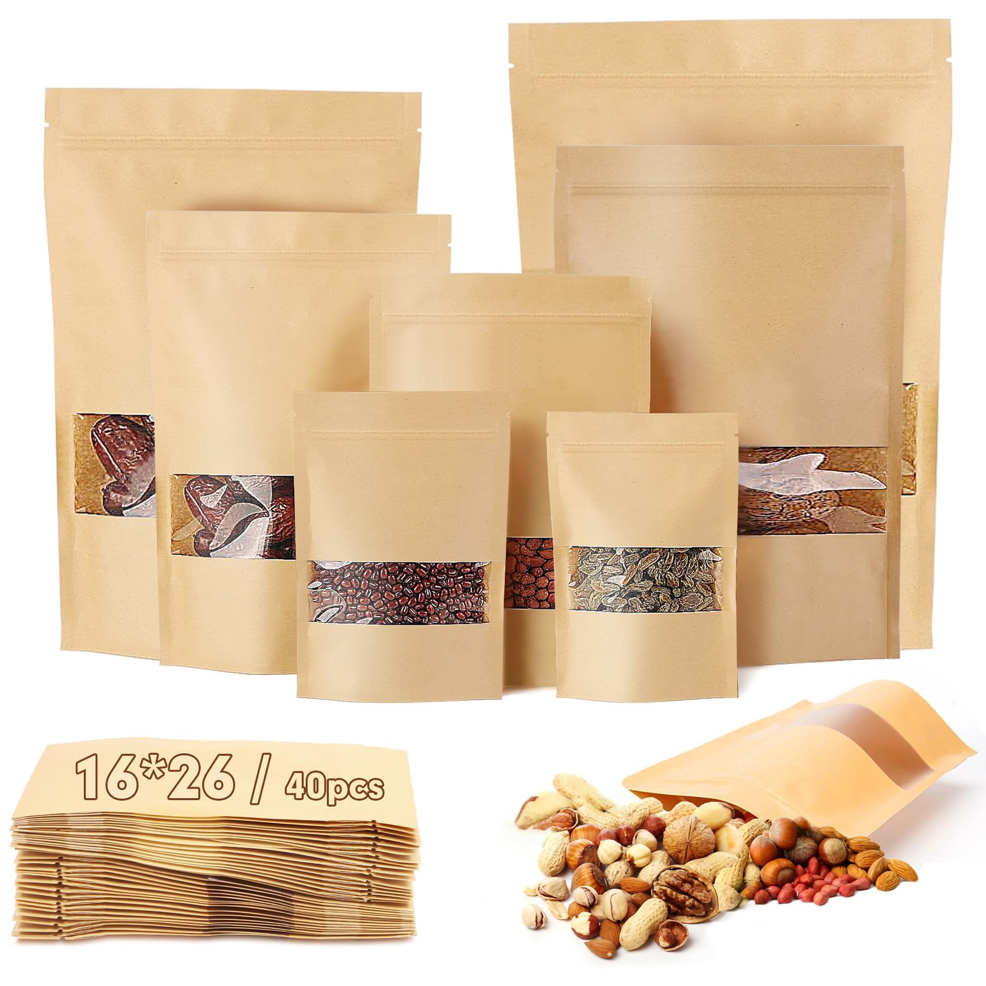 40PCS Kraft Paper Bags with Window 16X26cm - Sealable Ziplock Pouches, Waterproof Resealable Bags for Nut, Coffee Beans, Tea Leaves, Spices Food Storage