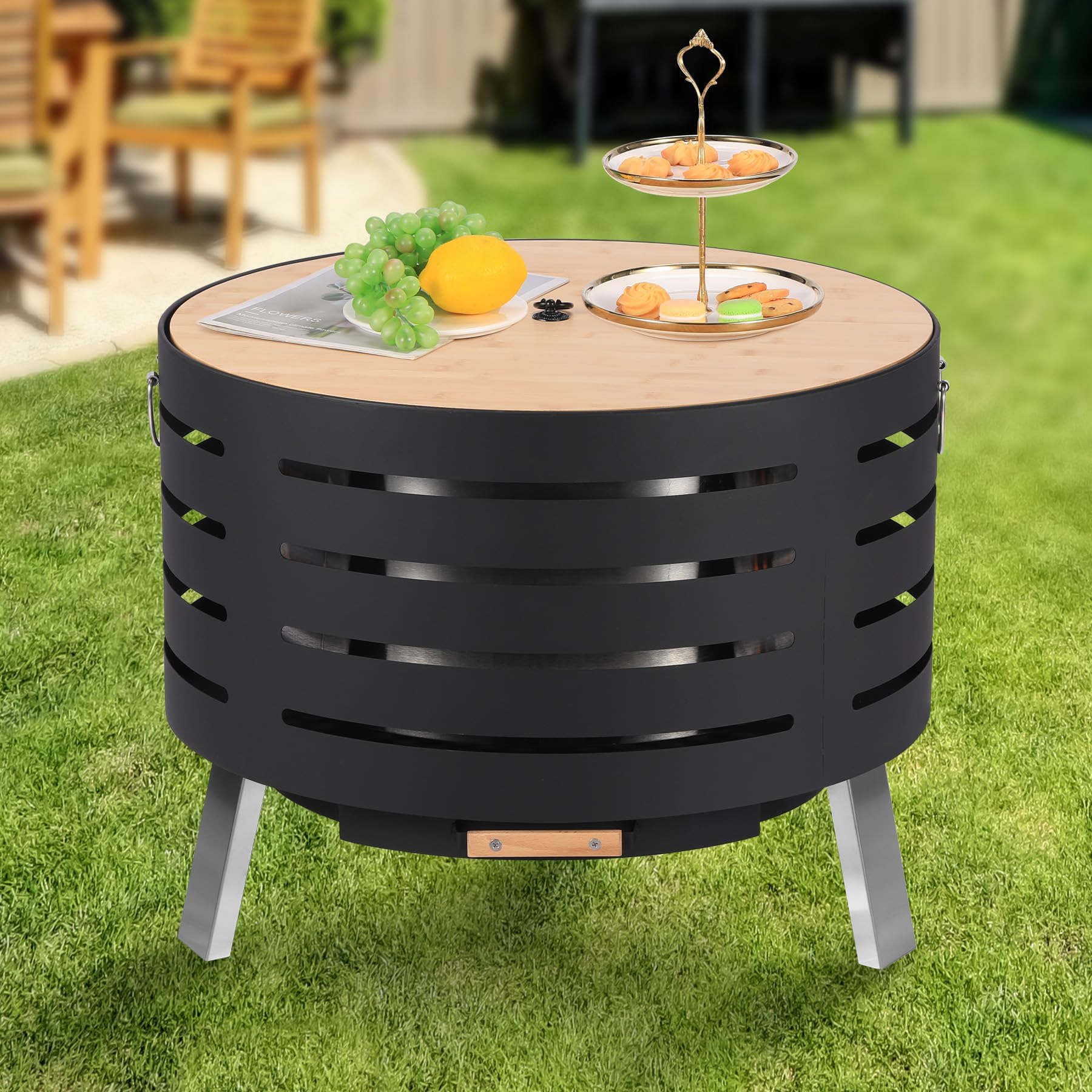 Feuerschale, Ø66cm Feuerkorb mit Funkenschutz, Groß Feuertonne für den Garten mit Schürhaken, Solide und Stabil, Holz & Kohle Feuerstelle inkl Abnehmbare Aschepfanne für Outdoor BBQ Heizung 66x66x50cm