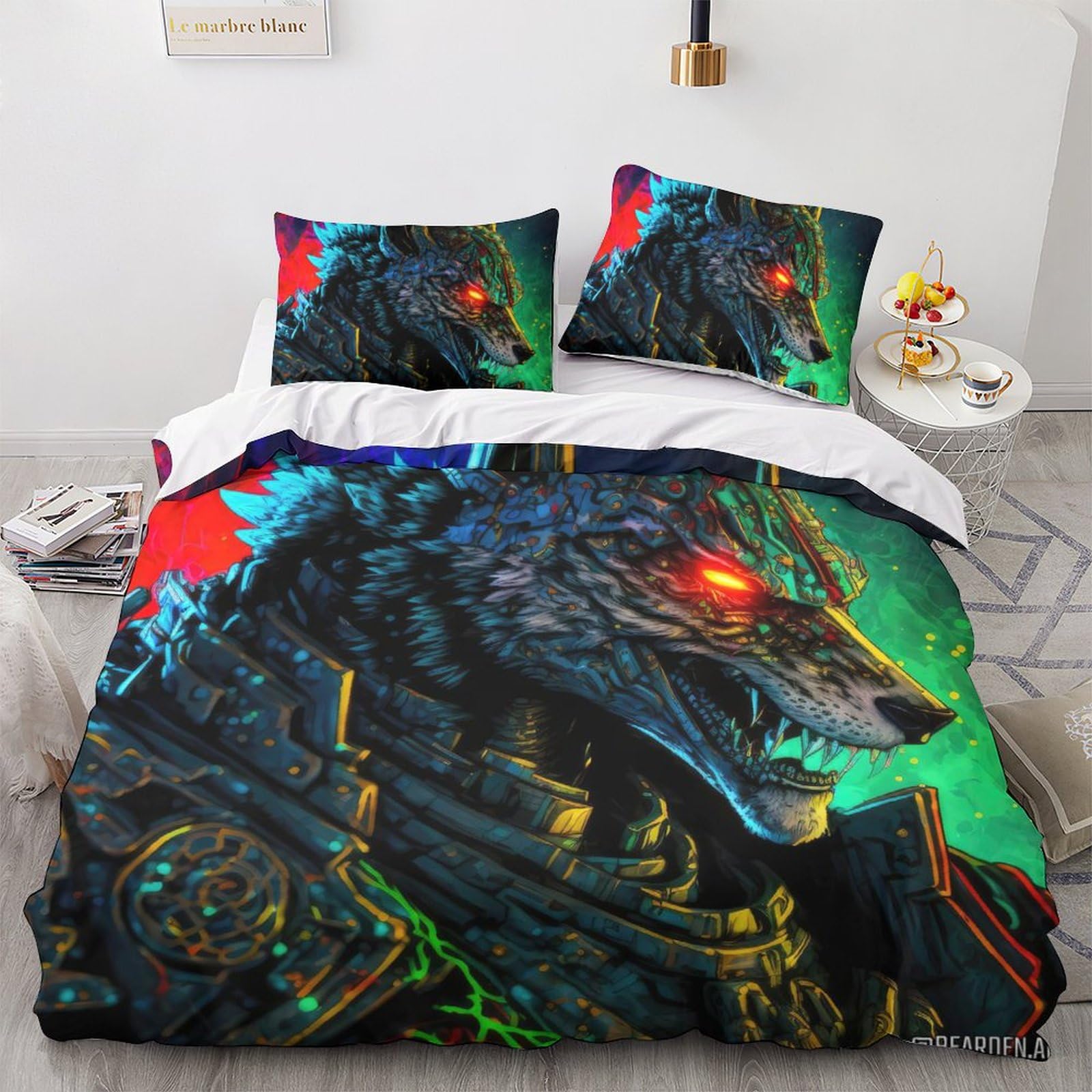 Housse de couette espace pour chambre d'enfant et ado, parure de lit 3 pièces motif loup cosmique 3D