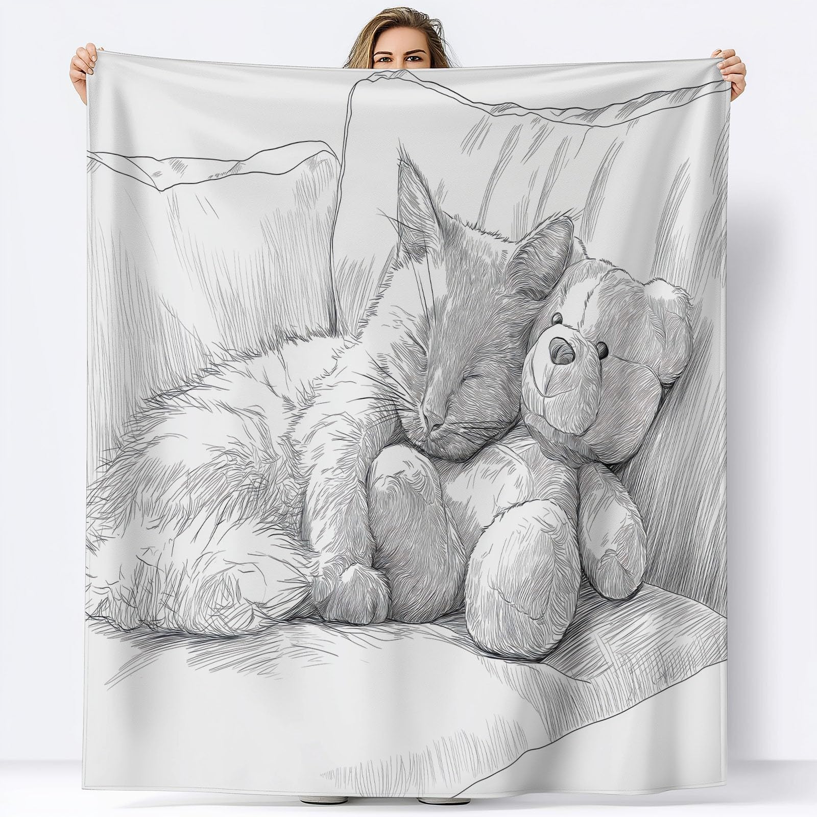 Genérico Marfil Manta de Franela Polar, 220 x 240 cm Manta Cálida de Invierno, Suave, Esponjosa y Cálida con Estampado Dibujado A Mano Bonito Animal Gato - Manta para Cama Colcha y Sofá