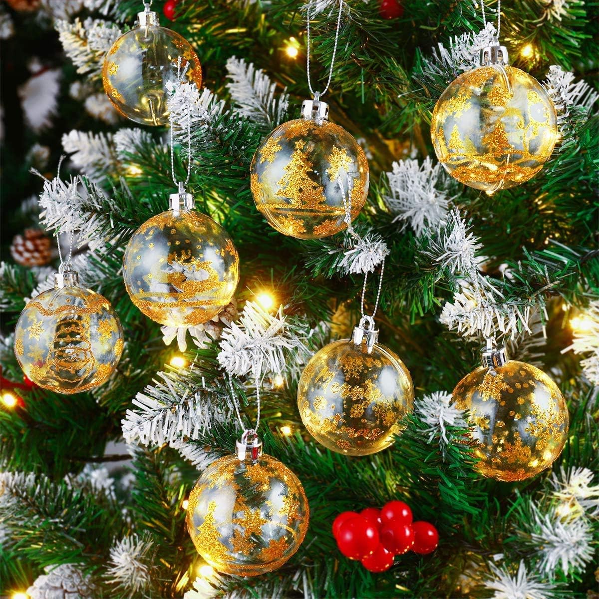 Christmas Tree Ornaments, Unomor 6 Patterns 24Pack Red and Gold Shatterproof Christmas Ornaments-60MM