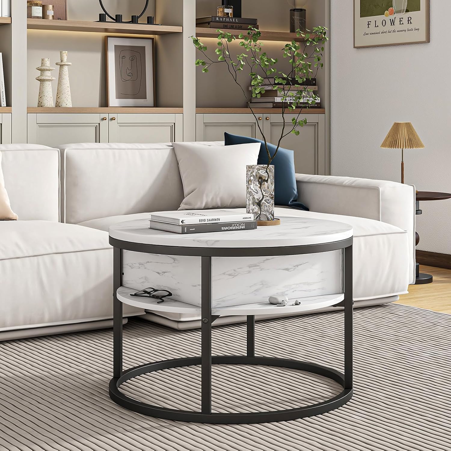 HOJINLINERO Round Coffee Table with Storage, Lift Top Coffee Table with Hidden Compartment, Farmhouse Juxing Design for Living Room, 2-Tier Small Round Dining Center, White