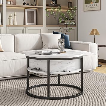 HOJINLINERO Round Coffee Table,Lift Top Coffee Tables for Living Room,Wooden Table with Hidden Storage & Lift Up Top,Modern Sofa Tea End Center Tables Living Room Furniture,White