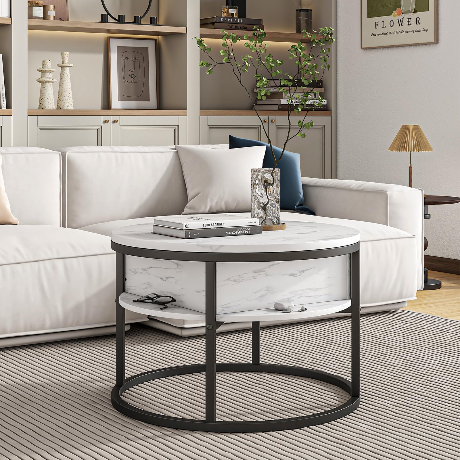 HOJINLINERO Table basse ronde, table basse à plateau relevable pour salon, table en bois avec rangement caché et plateau relevable, table centrale moderne pour canapé, meubles de salon, blanc
