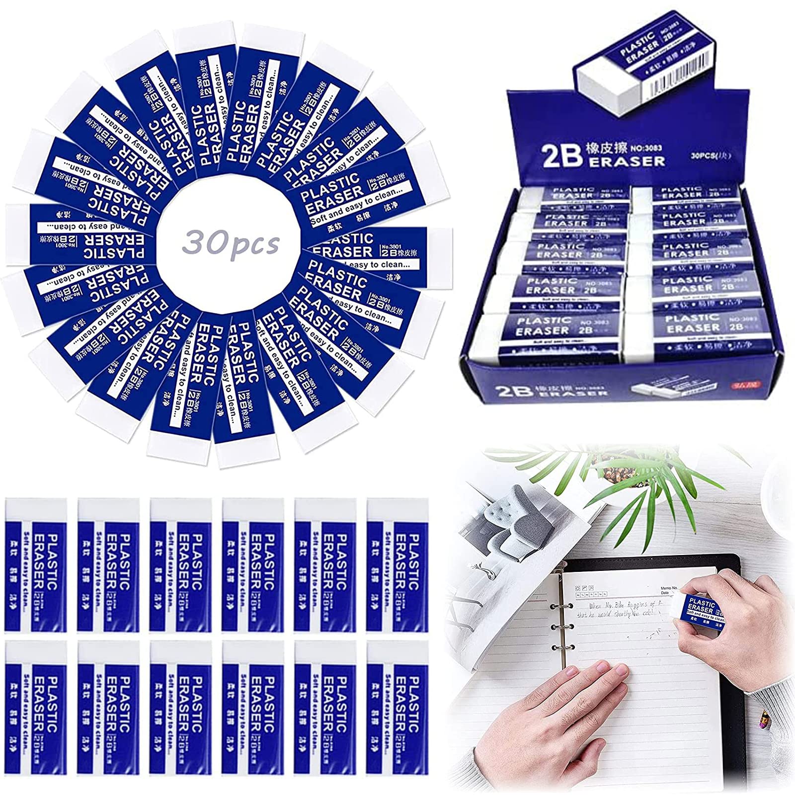 Guanyj 30 Pieces 2B Eraser Soft Eraser Mini Eraser 2B Soft School Eraser Set Kids Eraser for Residue-Free Erasing, White, 3.7 x 1.7 x 0.6 cm