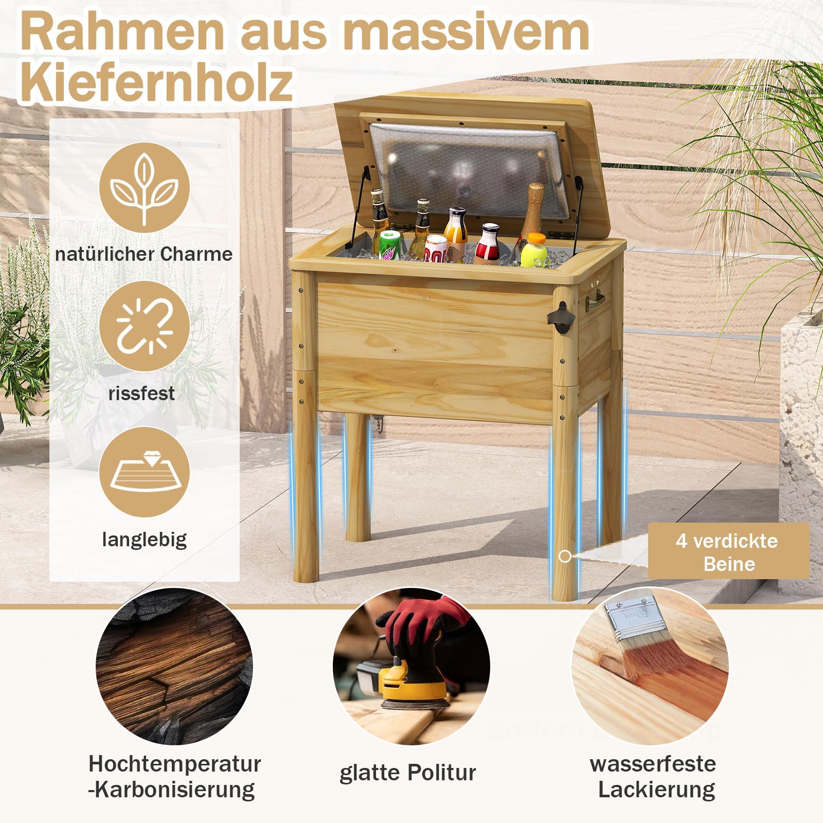 COSTWAY Getränkekühler Holz, 51 L Outdoor-Terrassenkühler mit 3 Griffen & Flaschenöffner, rustikale Eistruhe mit Abflussverschluss für Garten, Terrasse, Pool, Party, BBQ Cookouts, 67 x 47 x 74 cm