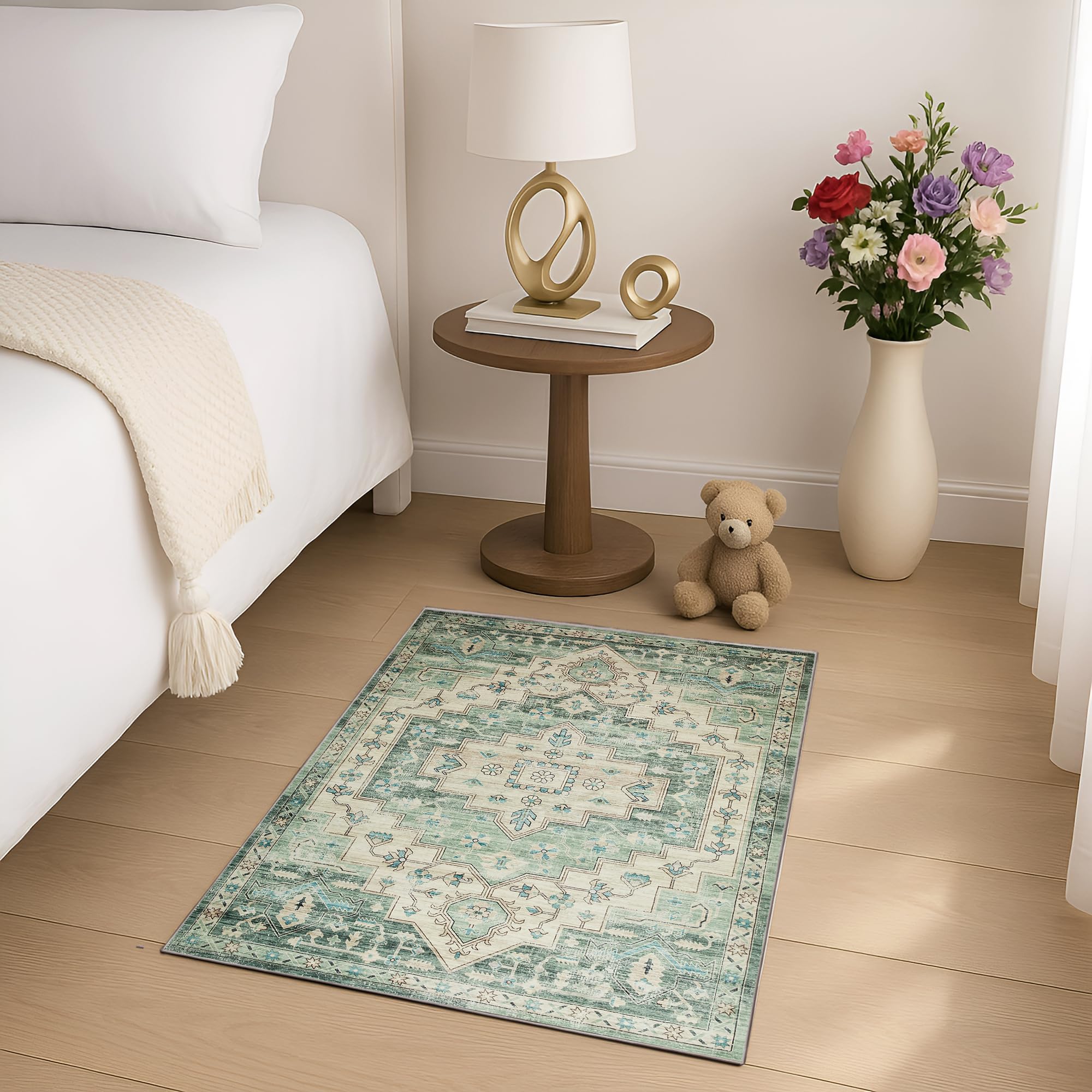 BedLooms Washable Bedside Area Rugs for Bedroom 60x110 cm Sage Green Small Rugs Living Room Traditional Floral Vintage Boho Carpet for Kitchen Non Slip Entryway Door Mat, (Ember)