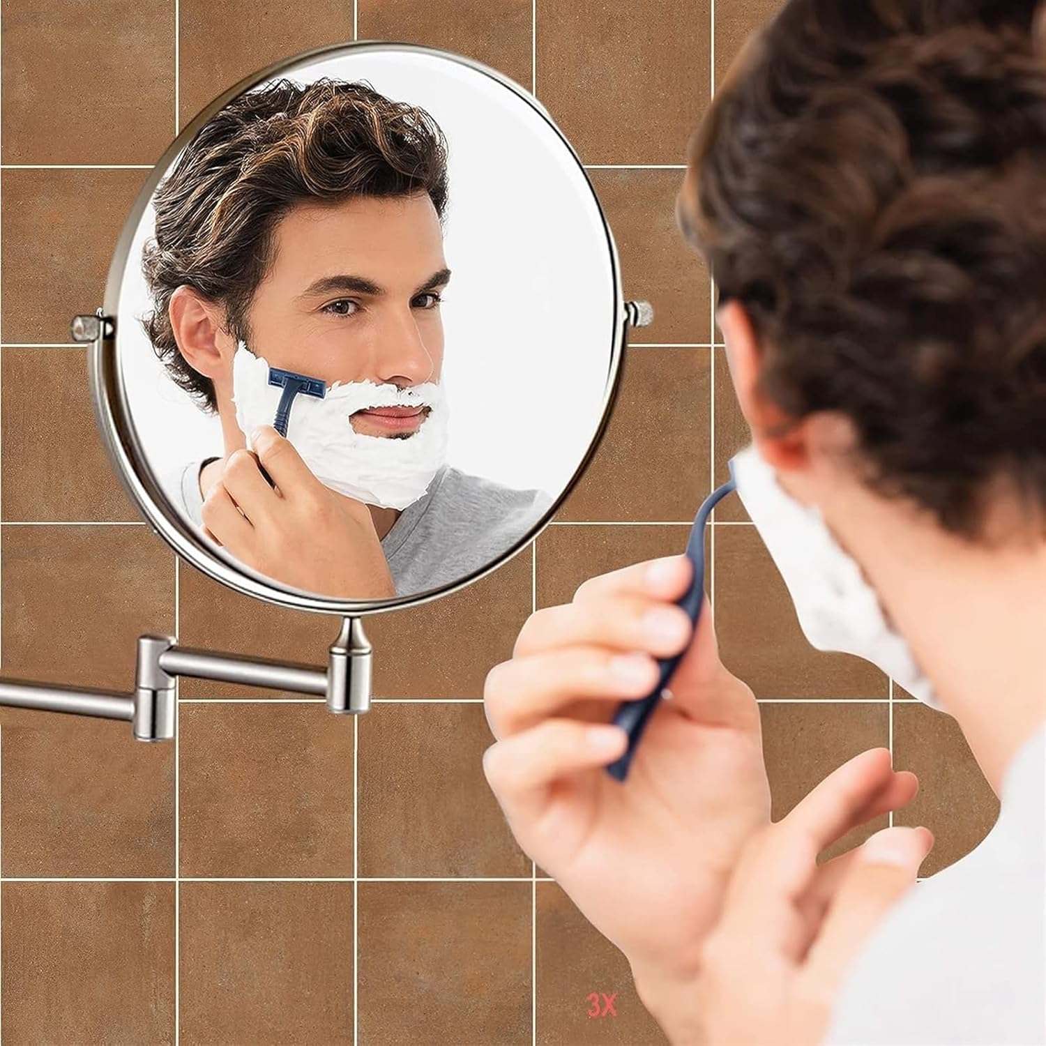 Makeup Mirror, 360° Swivel Bathroom Shaving Mirror Wall-Mounted Magnifying Mirror HD Extendable Mirror Double-Sided Anti-Fog Vanity Mirror 6" Brushed Nickel Shower Mirror (Color : 6in 3X)