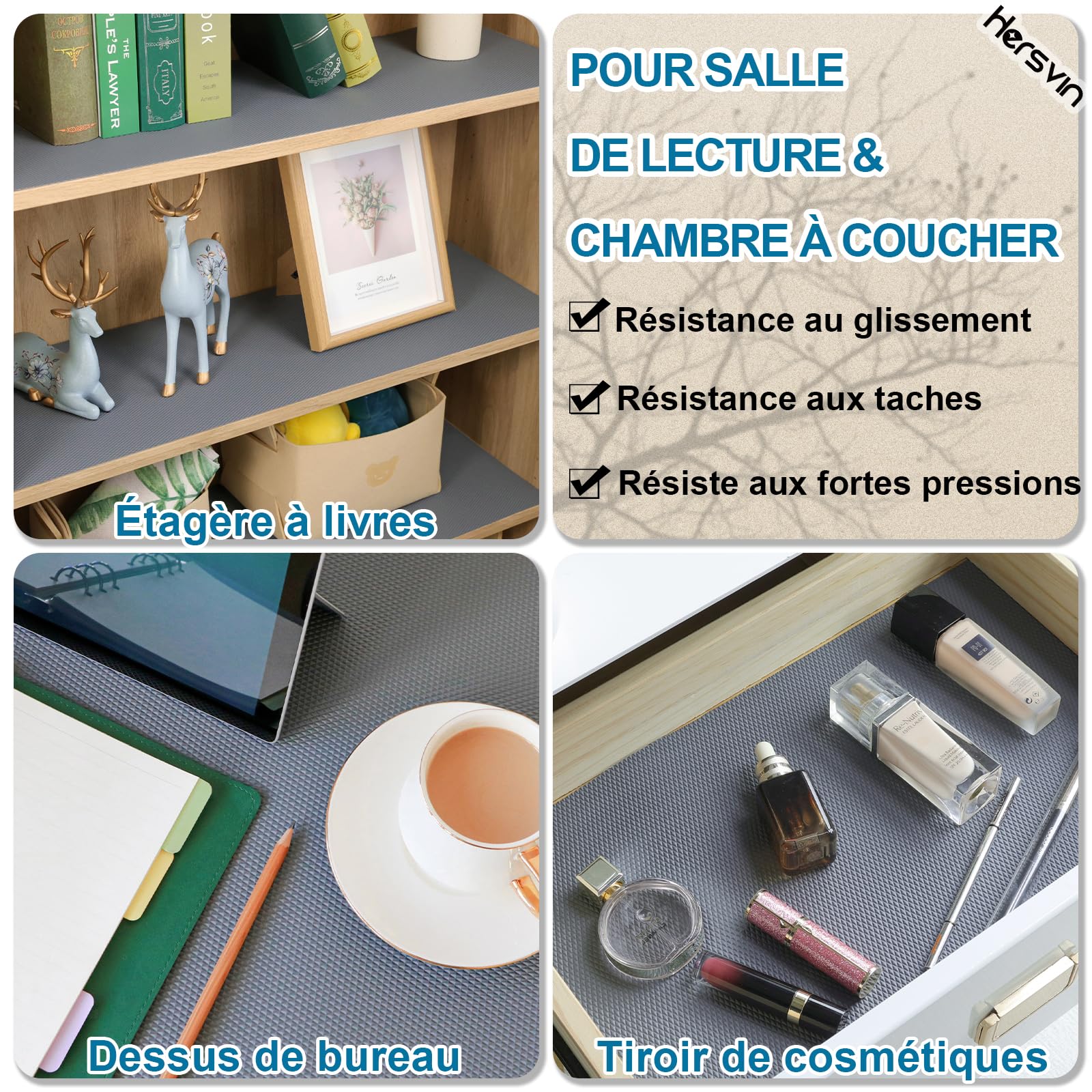 Hersvin 50cmx600cm Tapis Fond de Tiroir Epaissie Antiderapant Non-adhésif, DIY Tapis de Placard Etagere Cuisine, EVA Plastique Protection pour Meuble (Gris Gros Diamant)