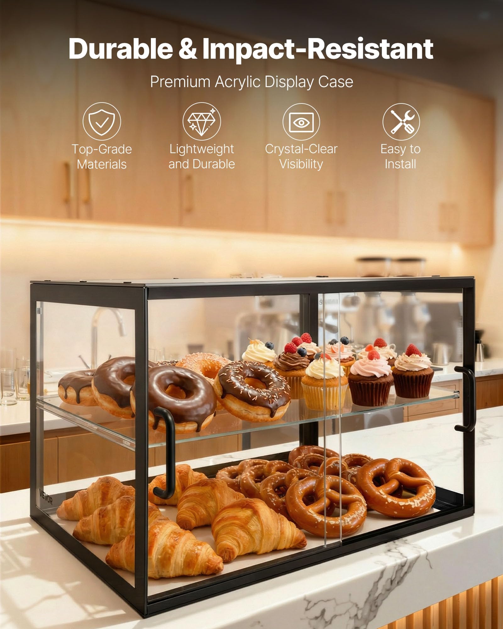 VEVOR Gebäckvitrine 2-stöckig, Gewerbliche Bäckereivitrine aus Transparentem Acryl, Thekenvitrine mit Schiebetür & Abnehmbarer Trennwand für Kekse, Desserts und Donuts, 550 x 385 x 390 mm Schwarz
