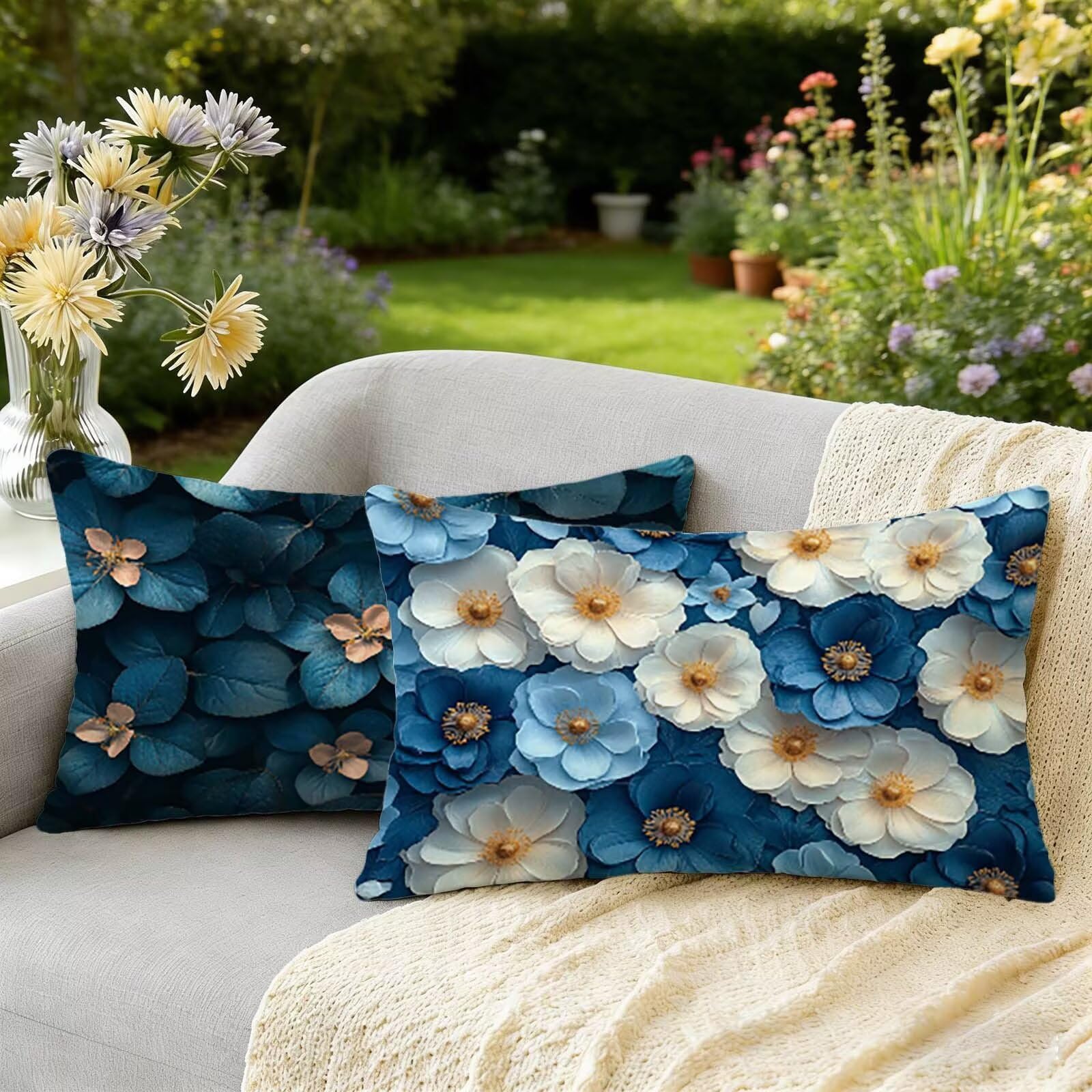 Housse de coussin 40x80 cm taie oreiller imperméable bleu pour déco canapé