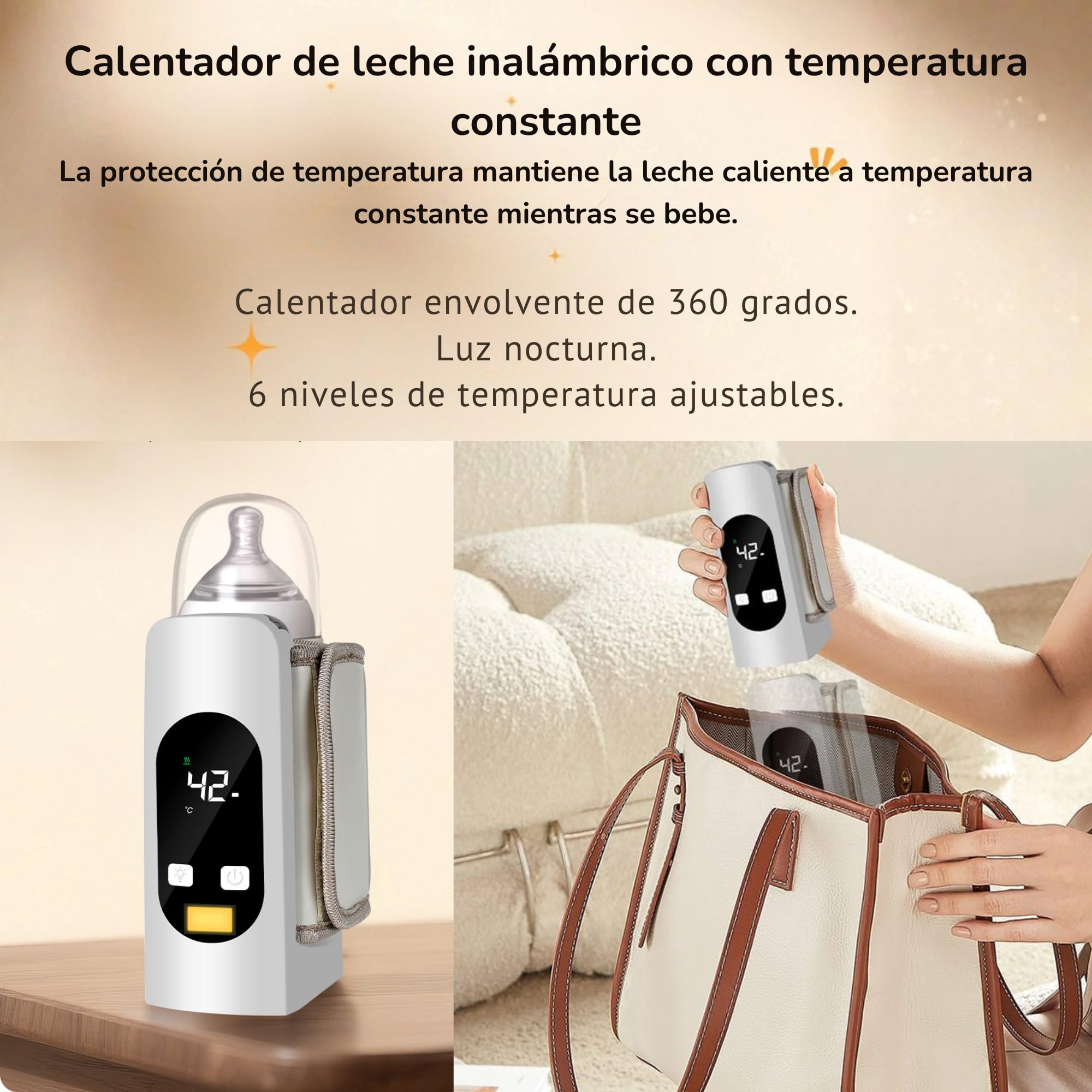 Smartia – calienta biberones portatil Modelo 2026, batería de 9000 mAh y resistente a líquidos, calentador de biberon con pantalla y luz nocturna para tu bebe, 6 niveles de Tº, Cert. CE ROSH