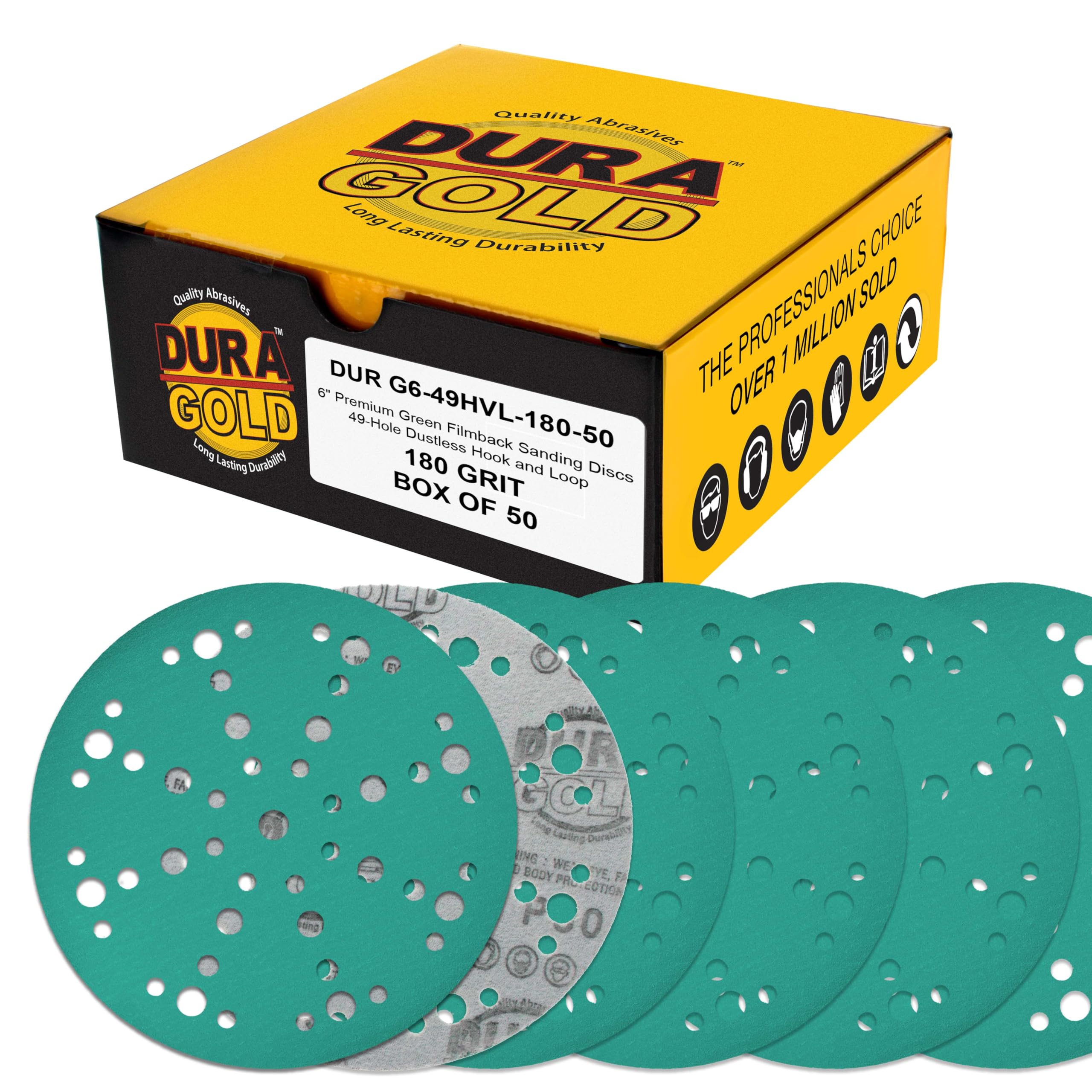 Dura-Gold Premium 180 Grit 6" Green Film Sanding Discs, 49-Hole Pattern, Box of 50 - Heavy-Duty Dustless Hook & Loop Backing Sandpaper for DA & Random