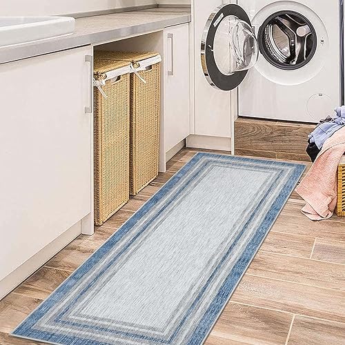 Miniatura 6 de Beeiva Alfombra azul para cocina, 2 x 5, antideslizante, lavable a máquina, no se desprende, ideal para zonas de alto tráfico