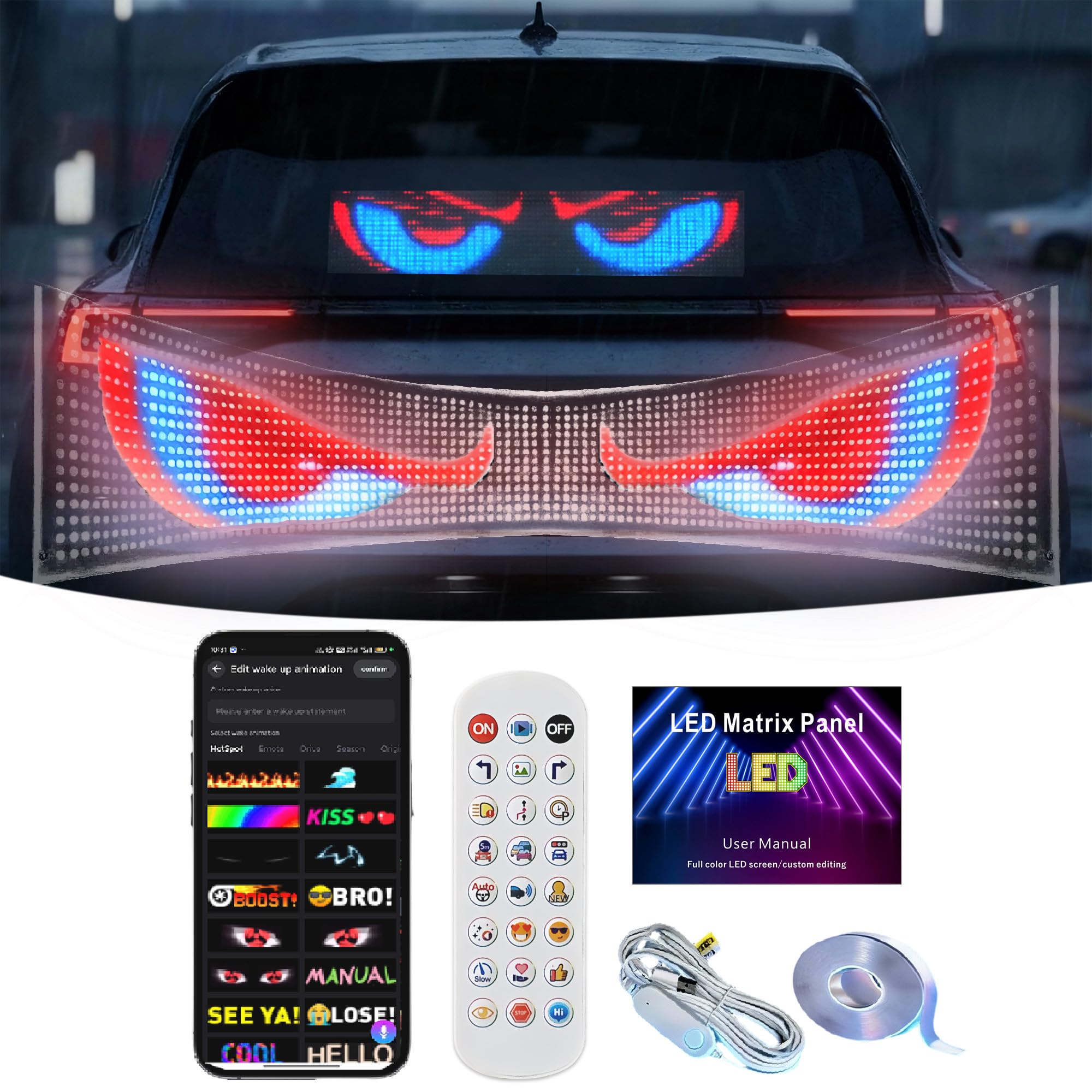 Przezroczysty elastyczny wyświetlacz ekran reklam LED, przewijany jasny znak, Bluetooth, głos AI + aplikacja + pilot zdalnego sterowania, programowalny niestandardowy znak do samochodów, na ślub