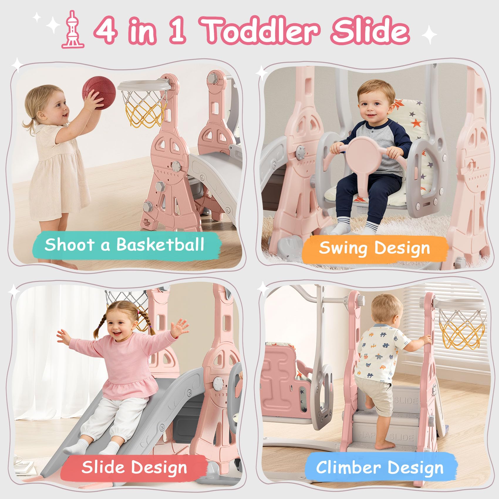 BIERUM 4 in 1 Kleinkind Rutsche & Schaukel Set mit Basketballkorb Indoor/Outdoor