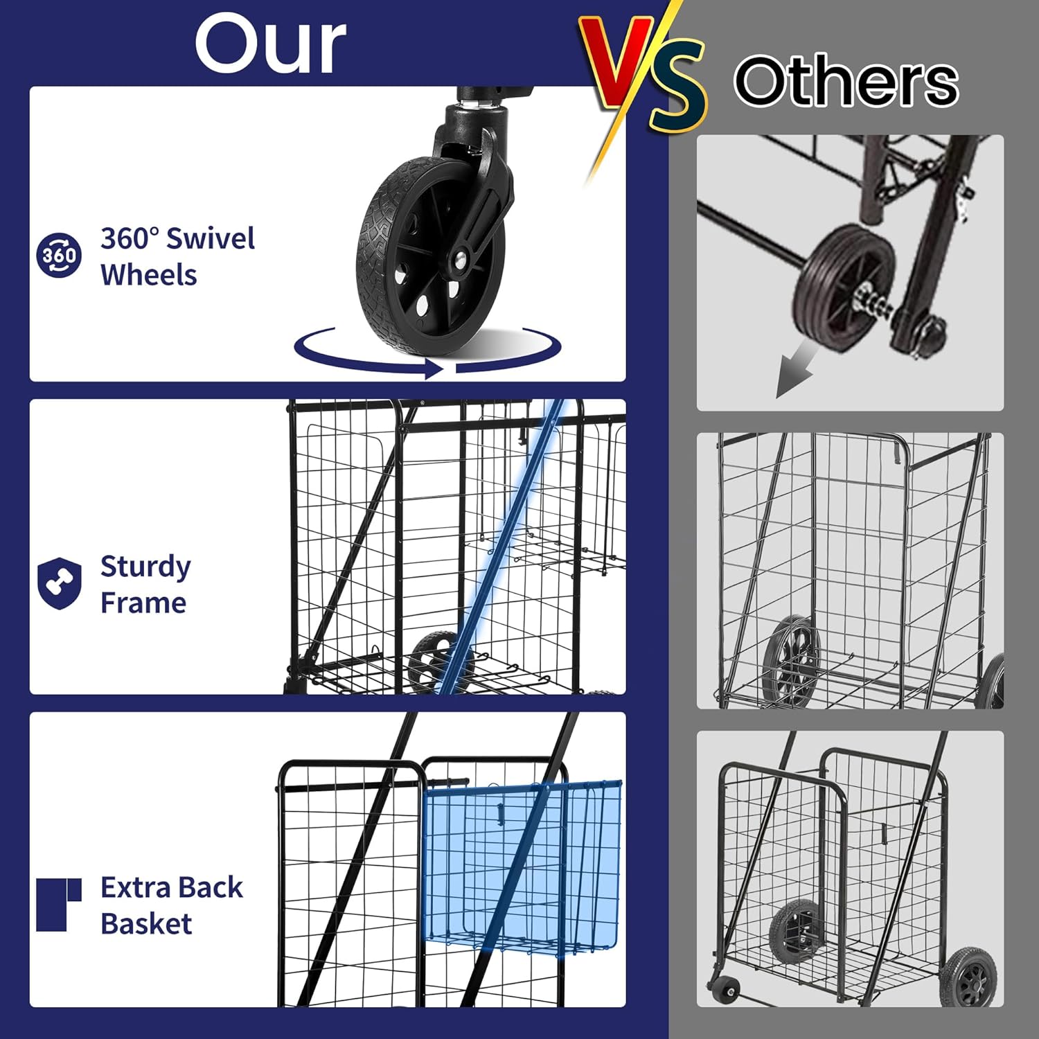 folding shopping cart, grocery cart, 200 lb capacity, utility cart with 360° rolling swivel wheels, medium & extra basket cart + basket medium