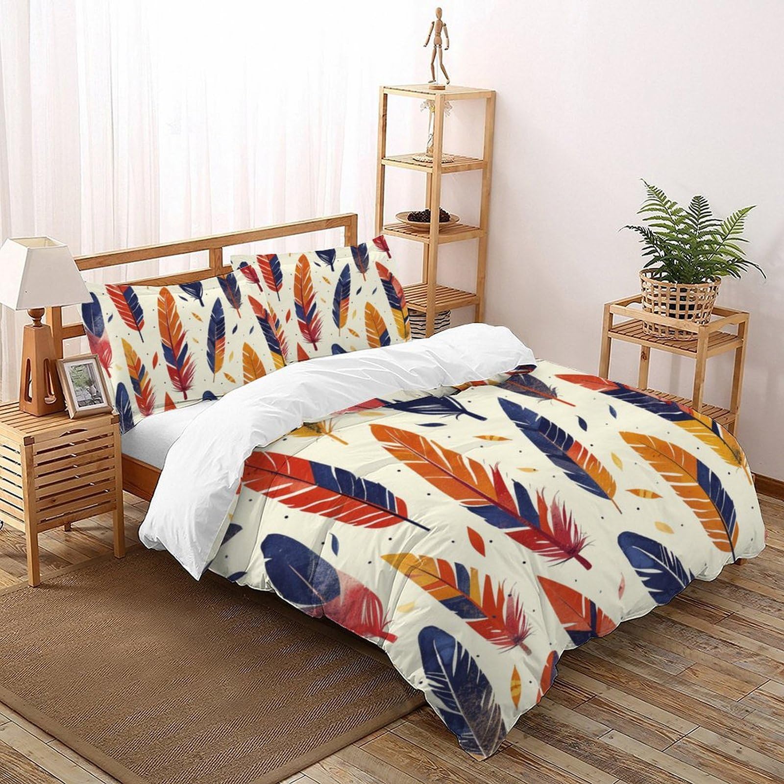Housse de couette 220x240cm motif plume avec 3 pièces enfant en tissu doux
