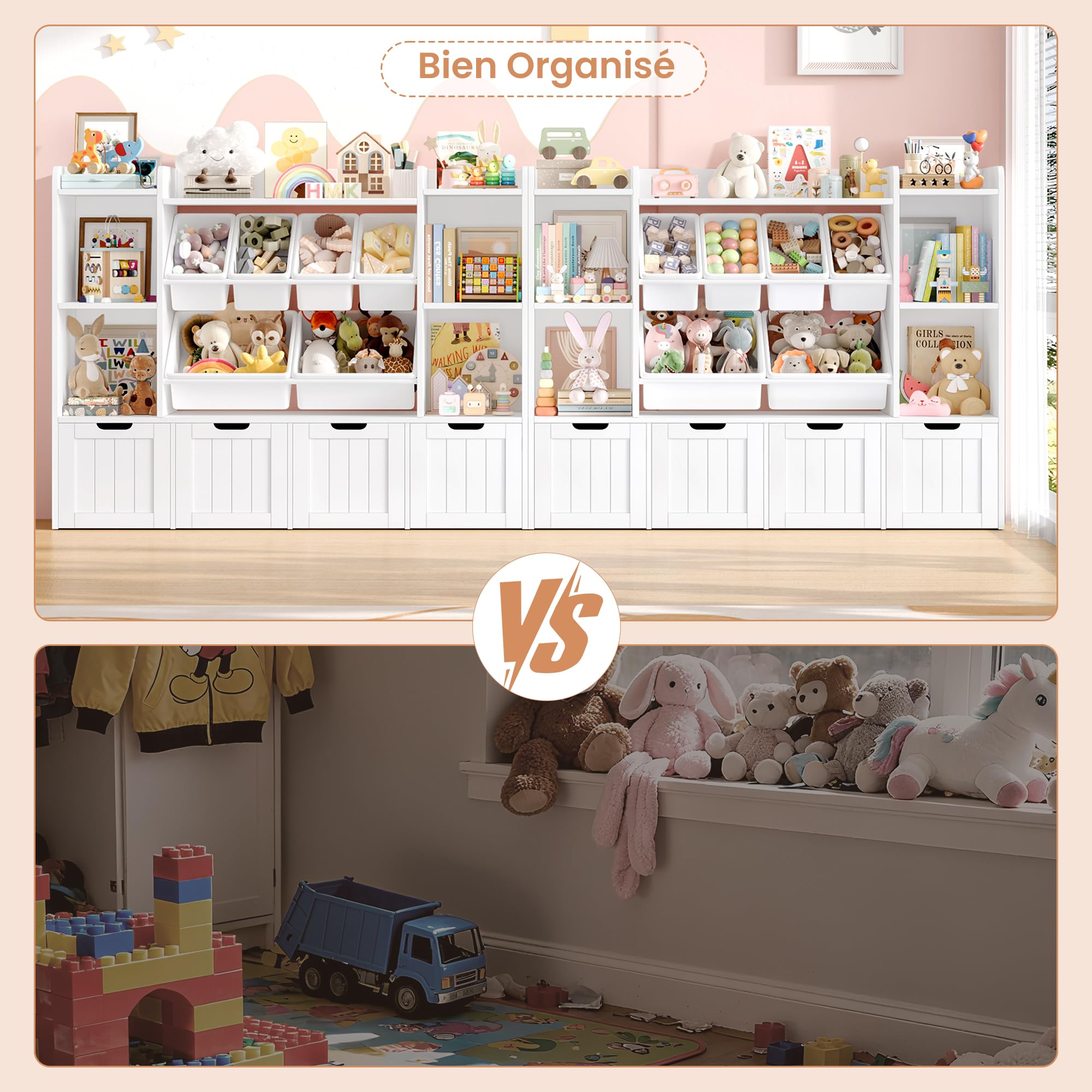 FOREHILL 140cm Meuble Rangement Enfant Bibliothèque Enfant avec 7 Étagères 6 Boîtes Amovibles 4 Tiroirs Roulants Rangement Jouet pour Chambre d’Enfants Salle de Jeu 140x30x106cm Blanc