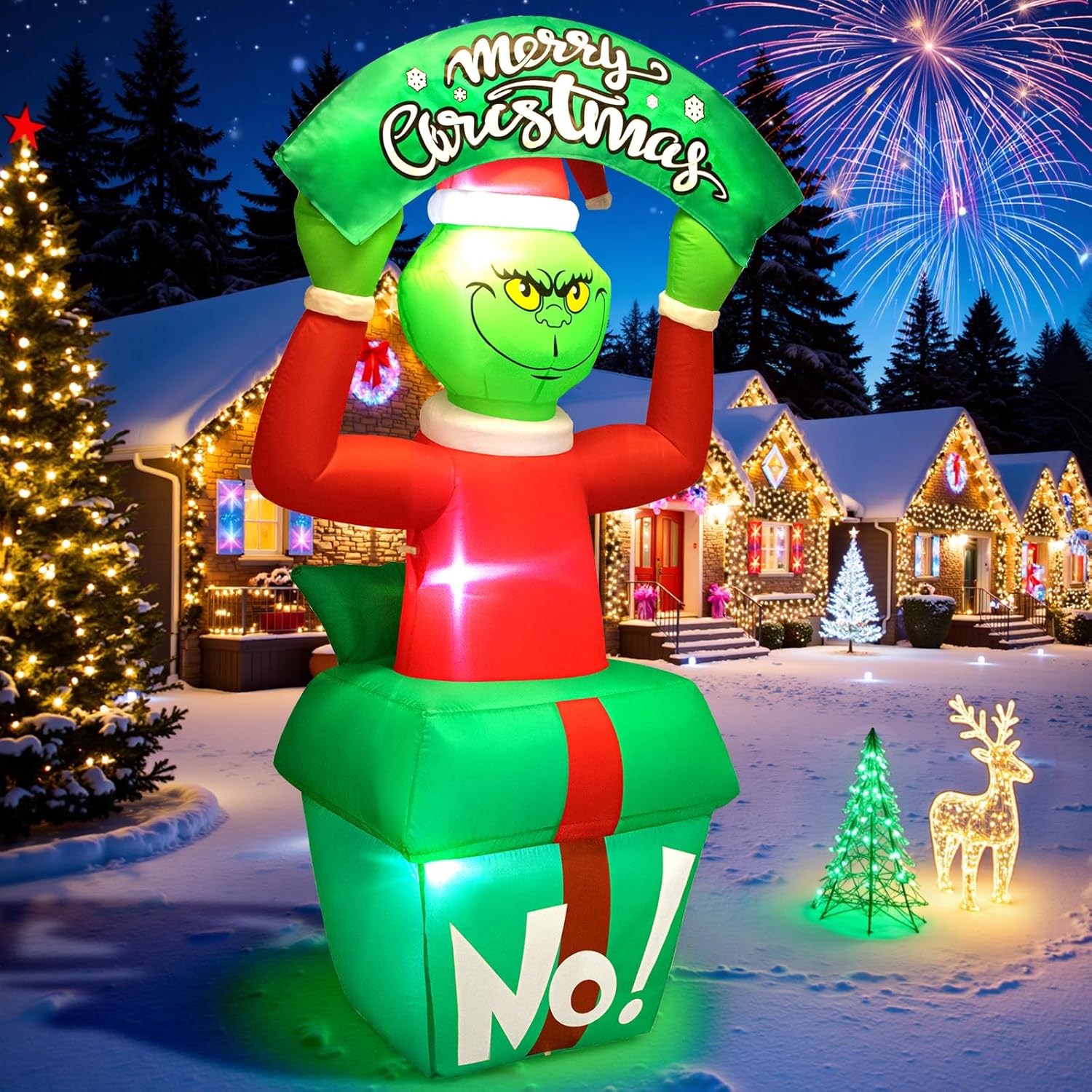 6FT Christmas Inflatable Outdoor Decoration, Funny Green Monster in Gift Box Holding Merry Christmas Sign, Built-in 3 LED Lights, Holiday Blow Up Yard Lawn Decor