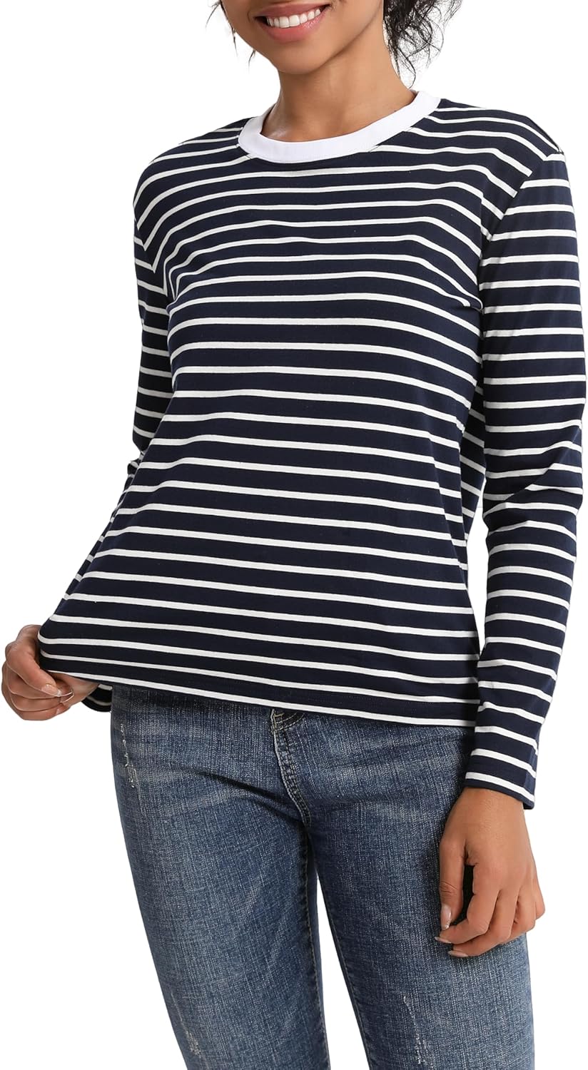Women's Striped Long Sleeved Shirt Round Neck Basic Striped T-Shirt