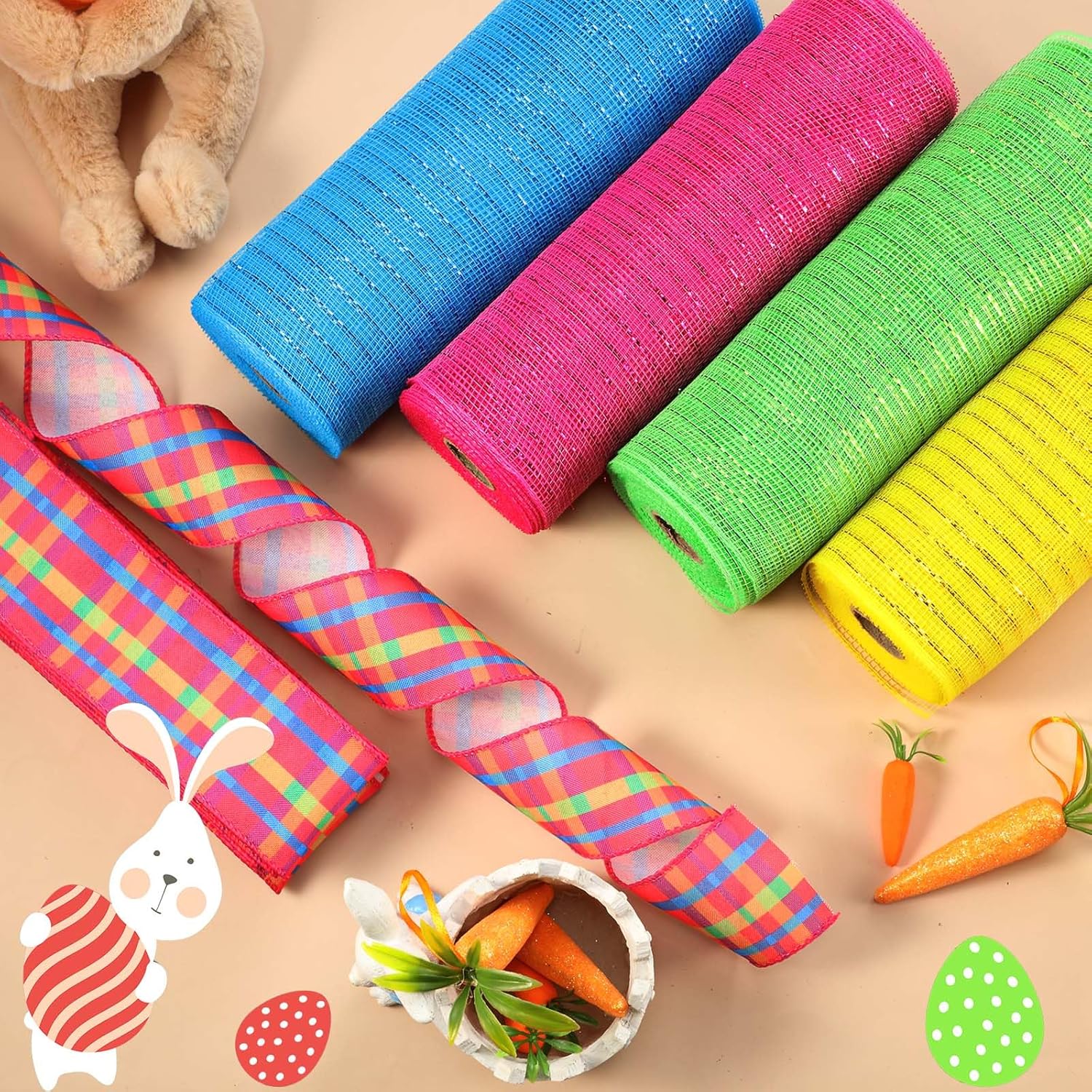 Unittype 5 Rolls Easter Poly Mesh Ribbons and Wired Edge Ribbons, 10 Inch x 10 yd Metallic Mesh Ribbon 2.5 Inch x 10 yd Satin Ribbon for DIY Craft Party Decoration(Pink Yellow Blue Green,Plaid)