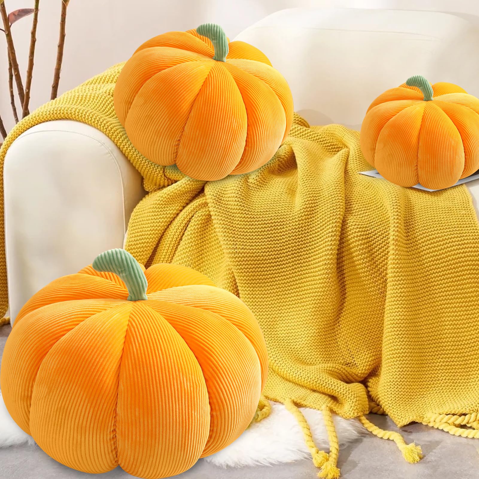 Coussin de citrouille 3D - Décoration d'automne en forme de citrouille - Décoration d'Halloween - Coussin de siège en peluche, citrouille - Pour chambre à coucher, chambre d'enfant, canapé, (jaune, 55