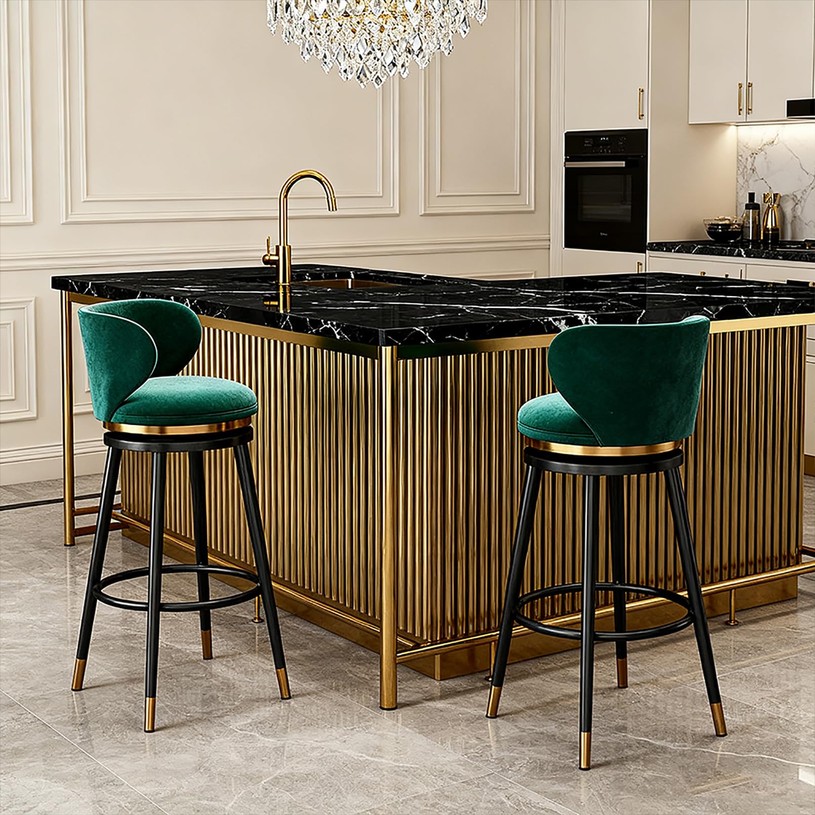 Ensemble de 2 tabourets de Bar pivotants, Assise Ronde en Velours Vert avec